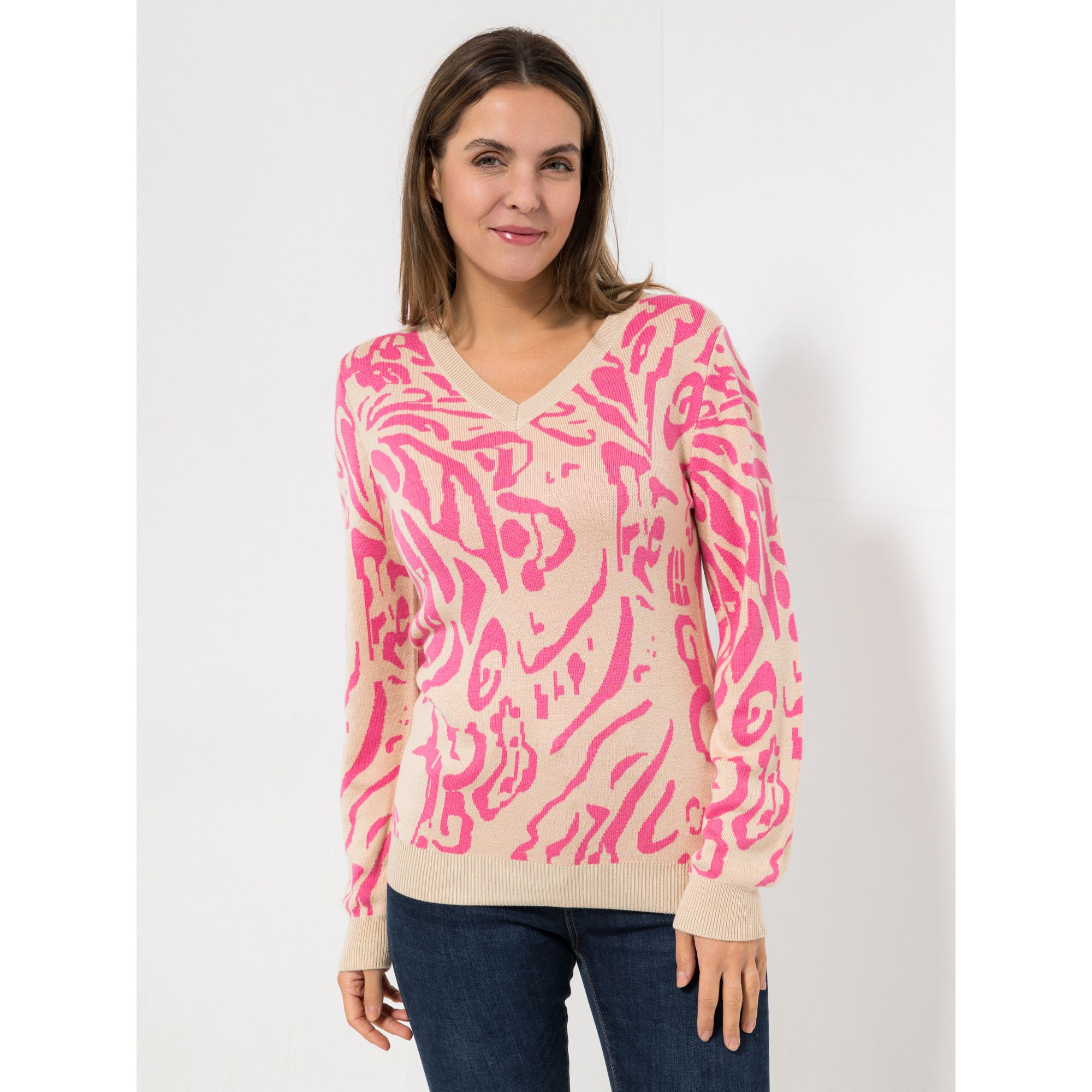 CASHMASOFT Pullover, 1/1-Arm Cashmeregriff V-Ausschnitt Allover-Print