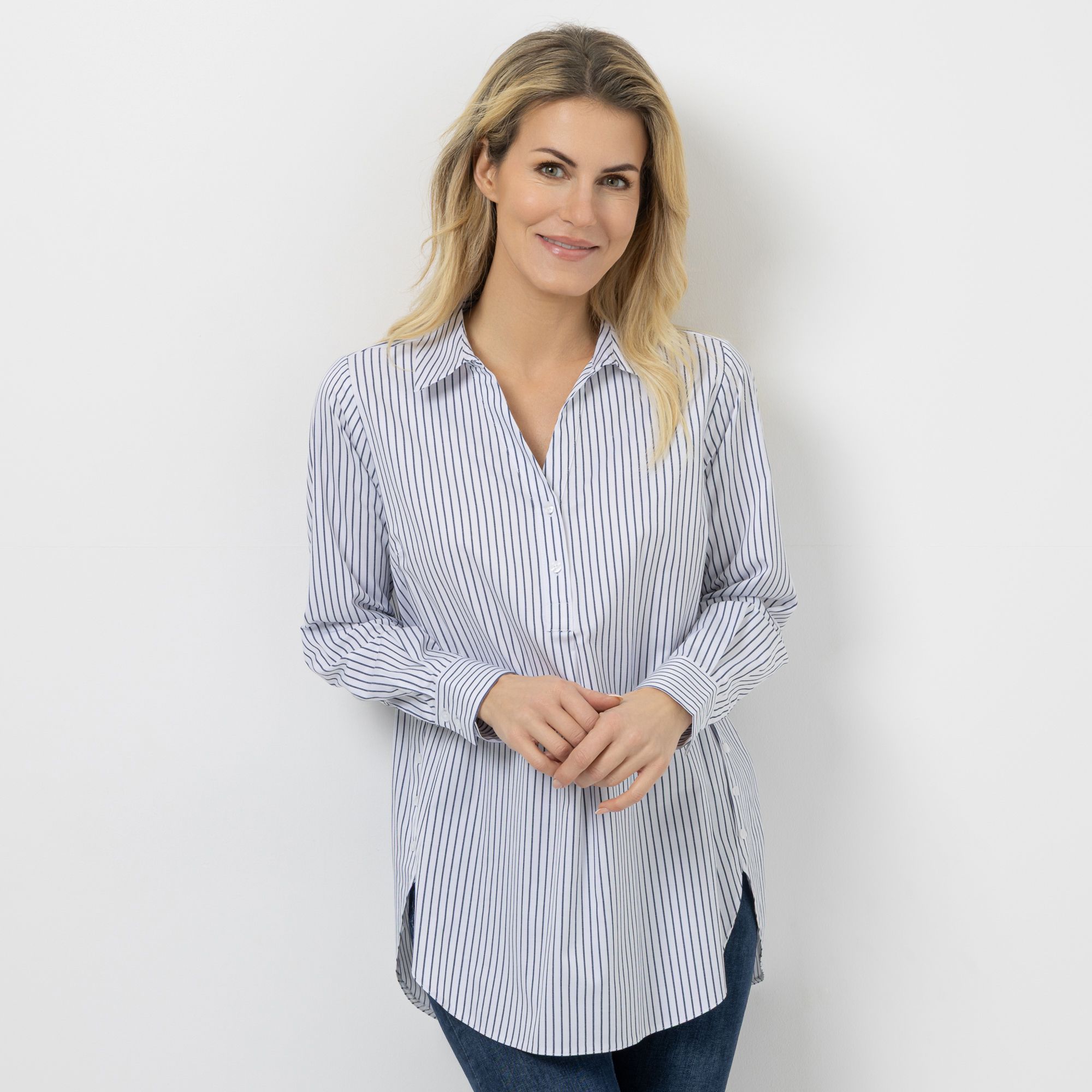 VIA MILANO Longbluse, 1/1-Arm Hemdkragen mit V-Ausschnitt leger weit