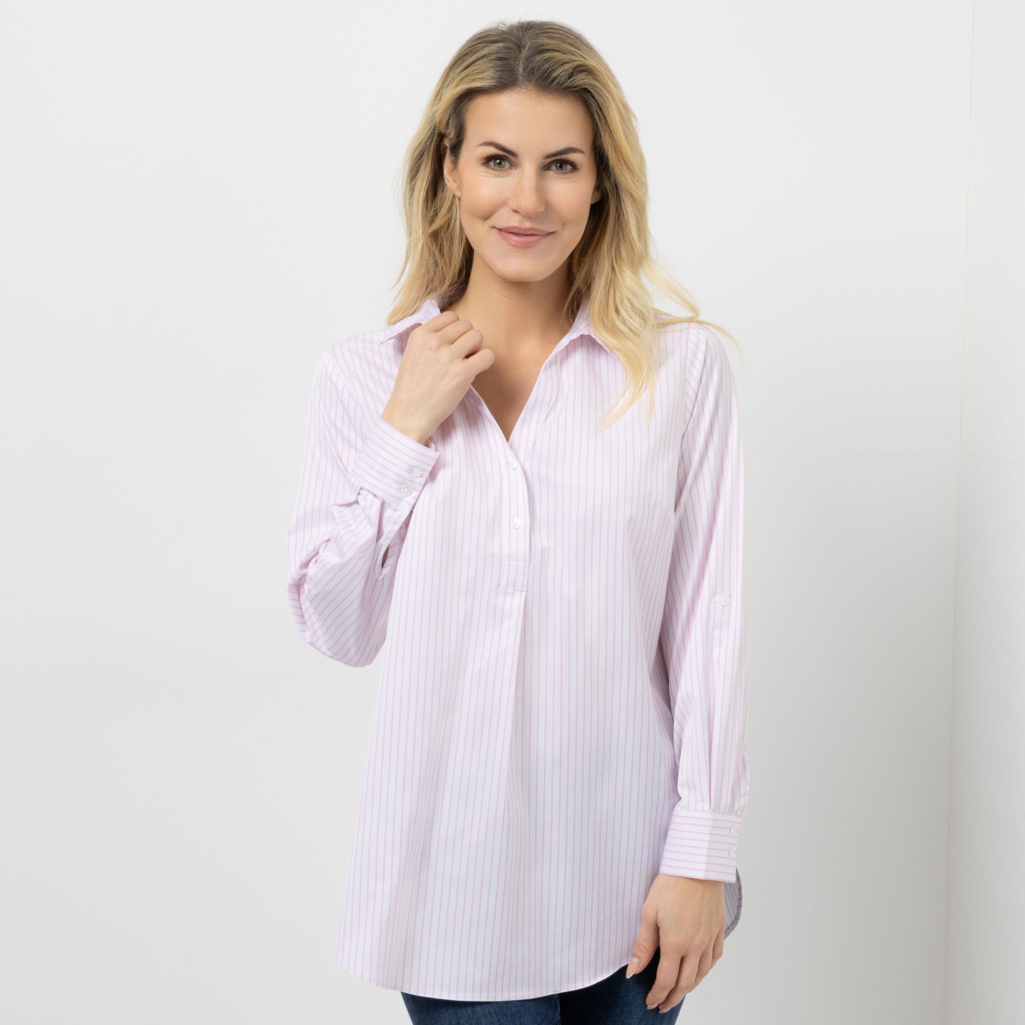 VIA MILANO Longbluse, 1/1-Arm Hemdkragen mit V-Ausschnitt leger weit