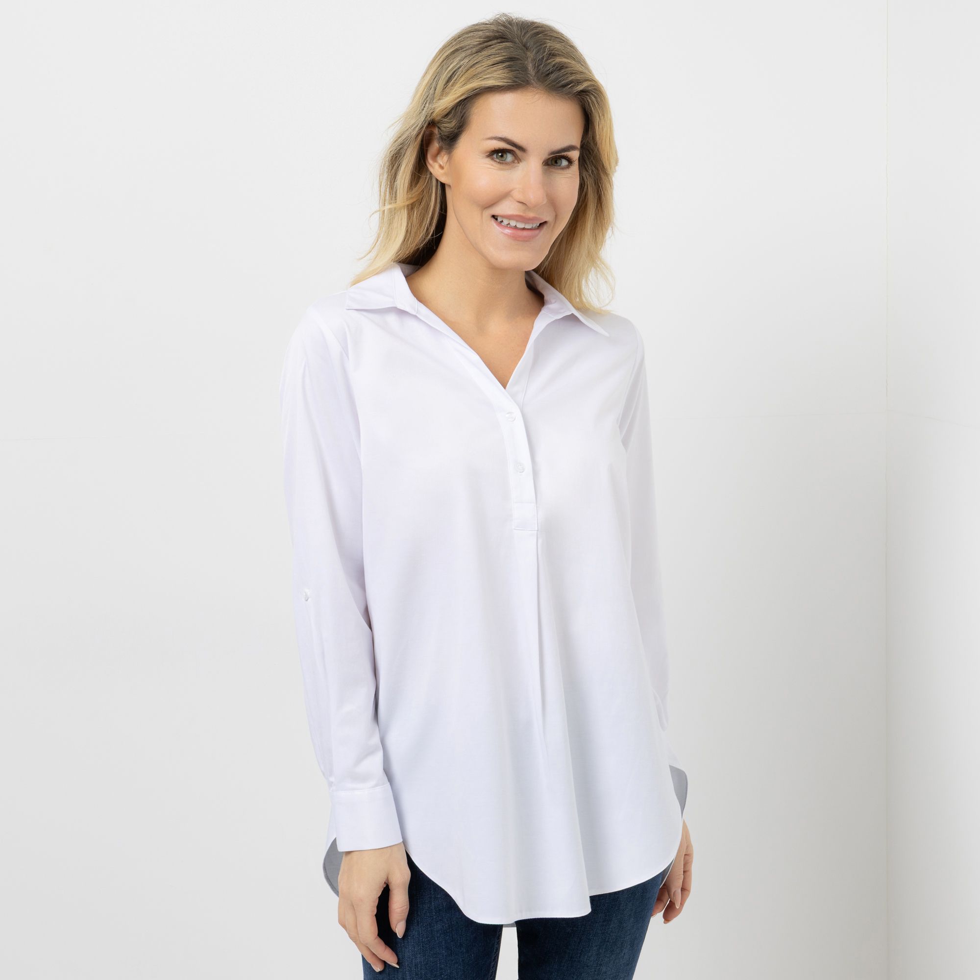 VIA MILANO Longbluse, 1/1-Arm Hemdkragen mit V-Ausschnitt leger weit