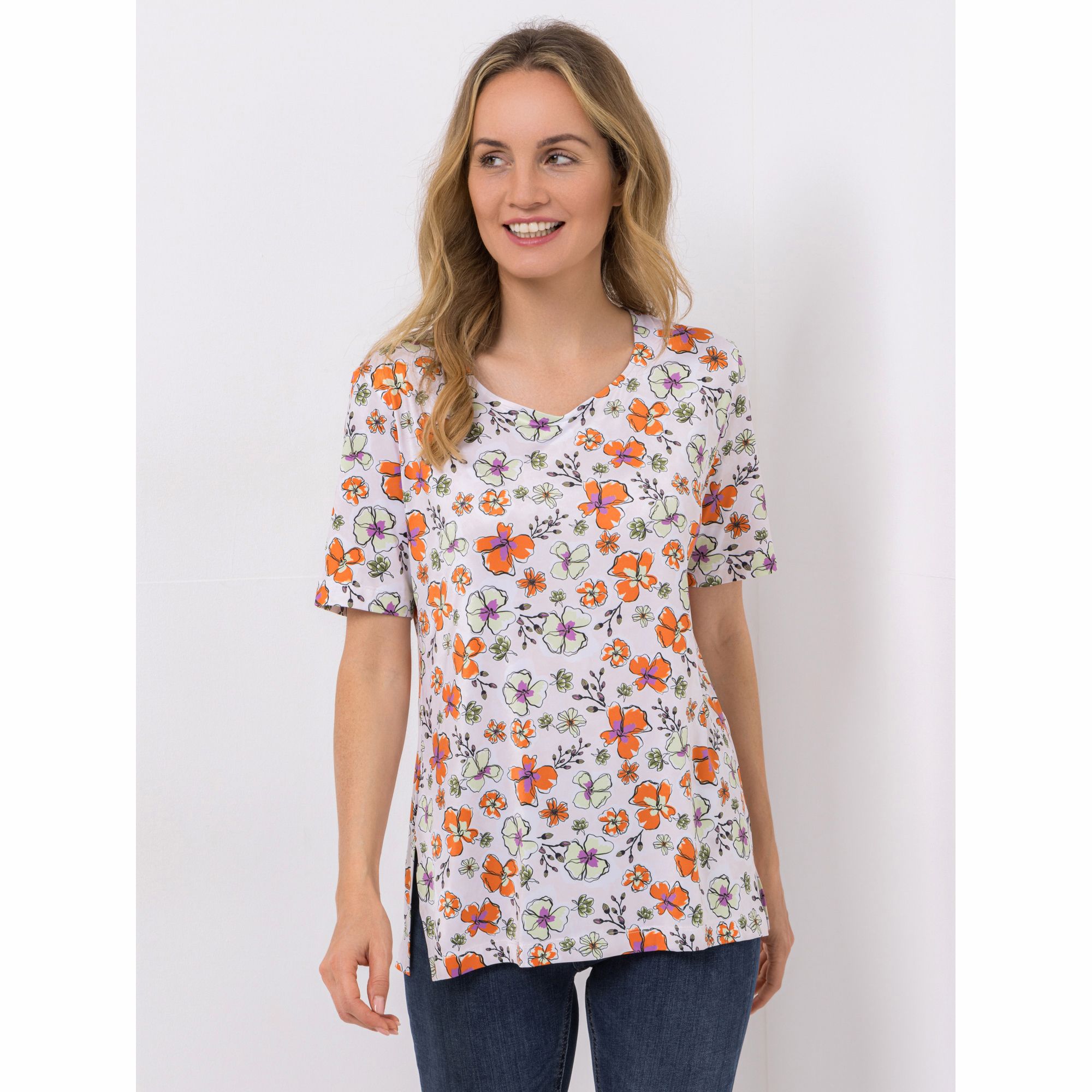 IN-PRINT Shirt, 1/2-Arm Herzausschnitt Seitenschlitze Allover-Druck