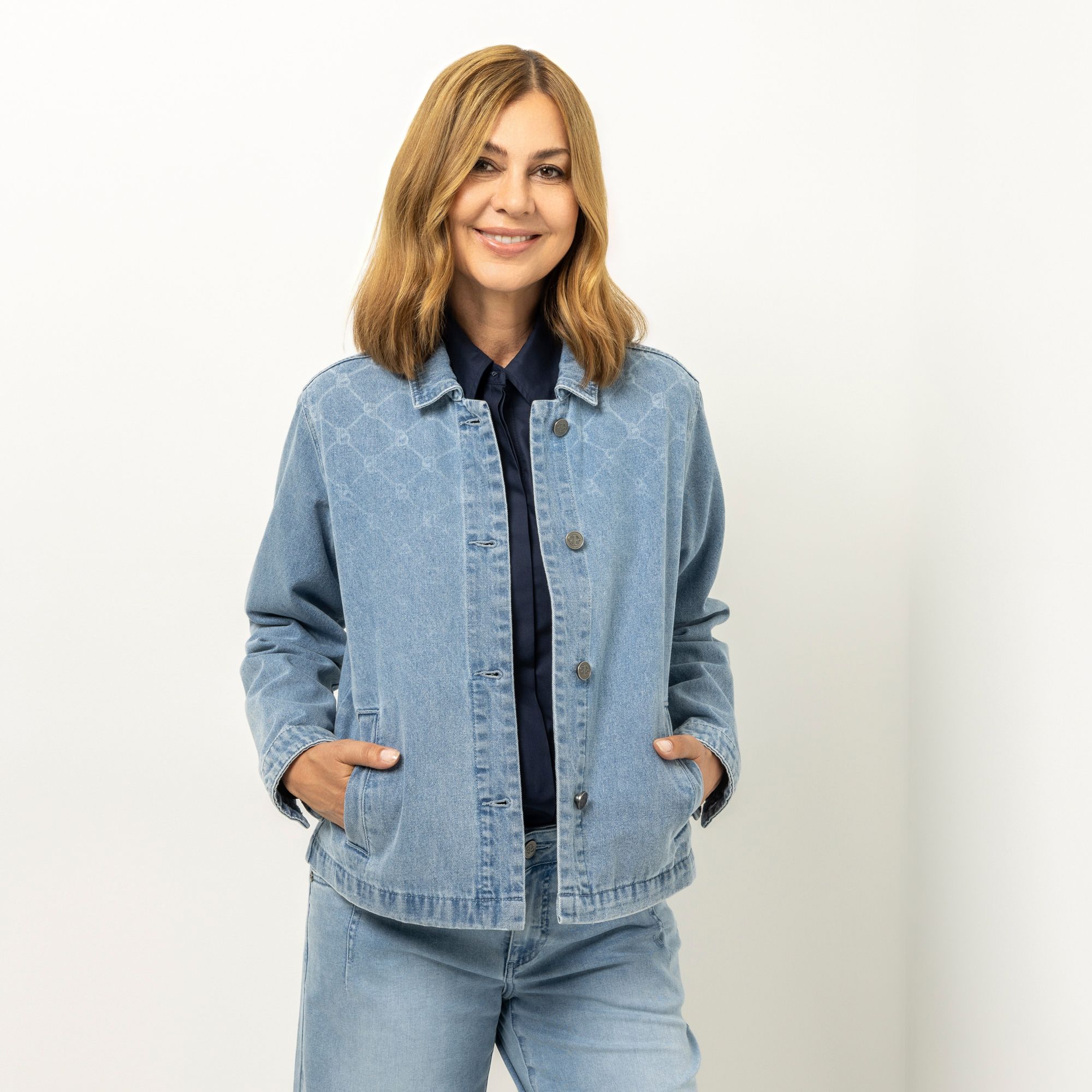 BRUCE DARNELL Jeansjacke, langarm Leistentaschen exklusiver Druck leger weit