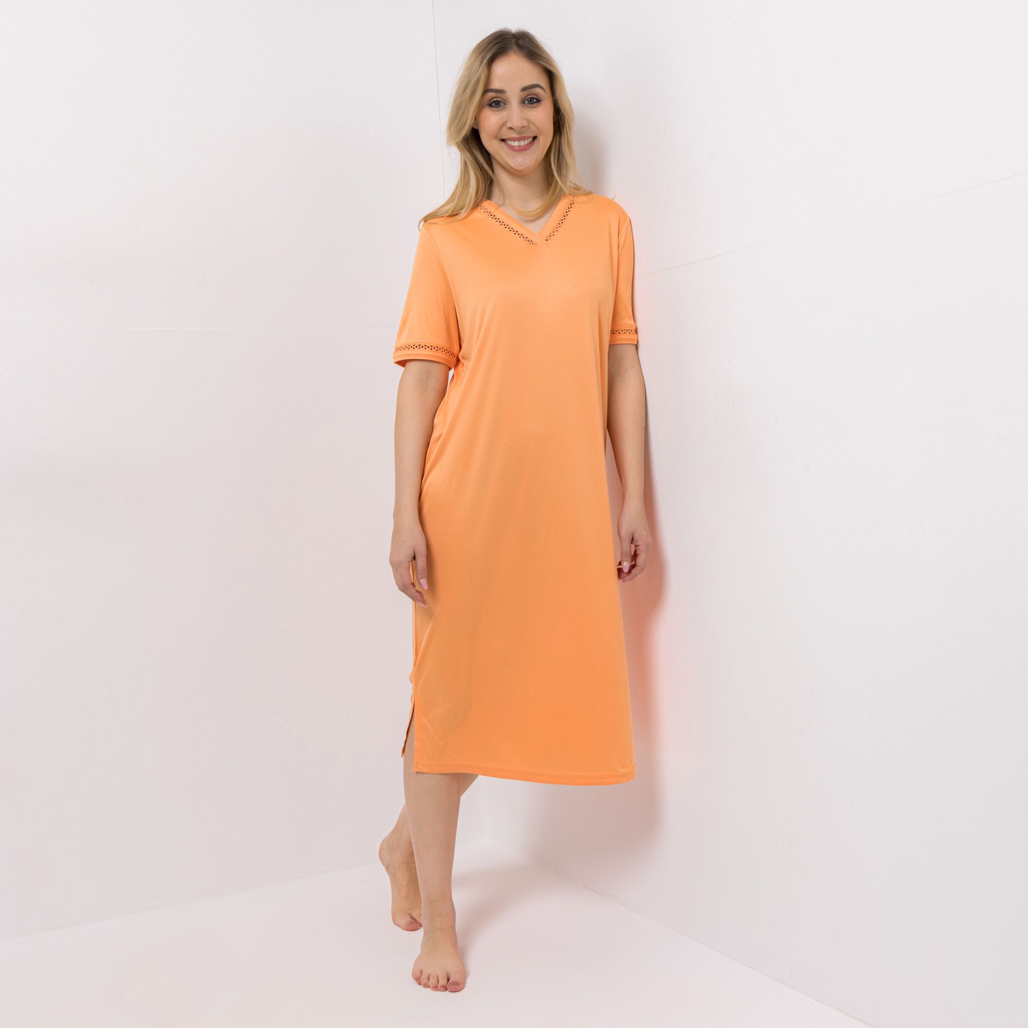 JERYMOOD HOMEWEAR Kleid, 1/2-Arm V-Ausschnitt Seitenschlitzen Zierblende