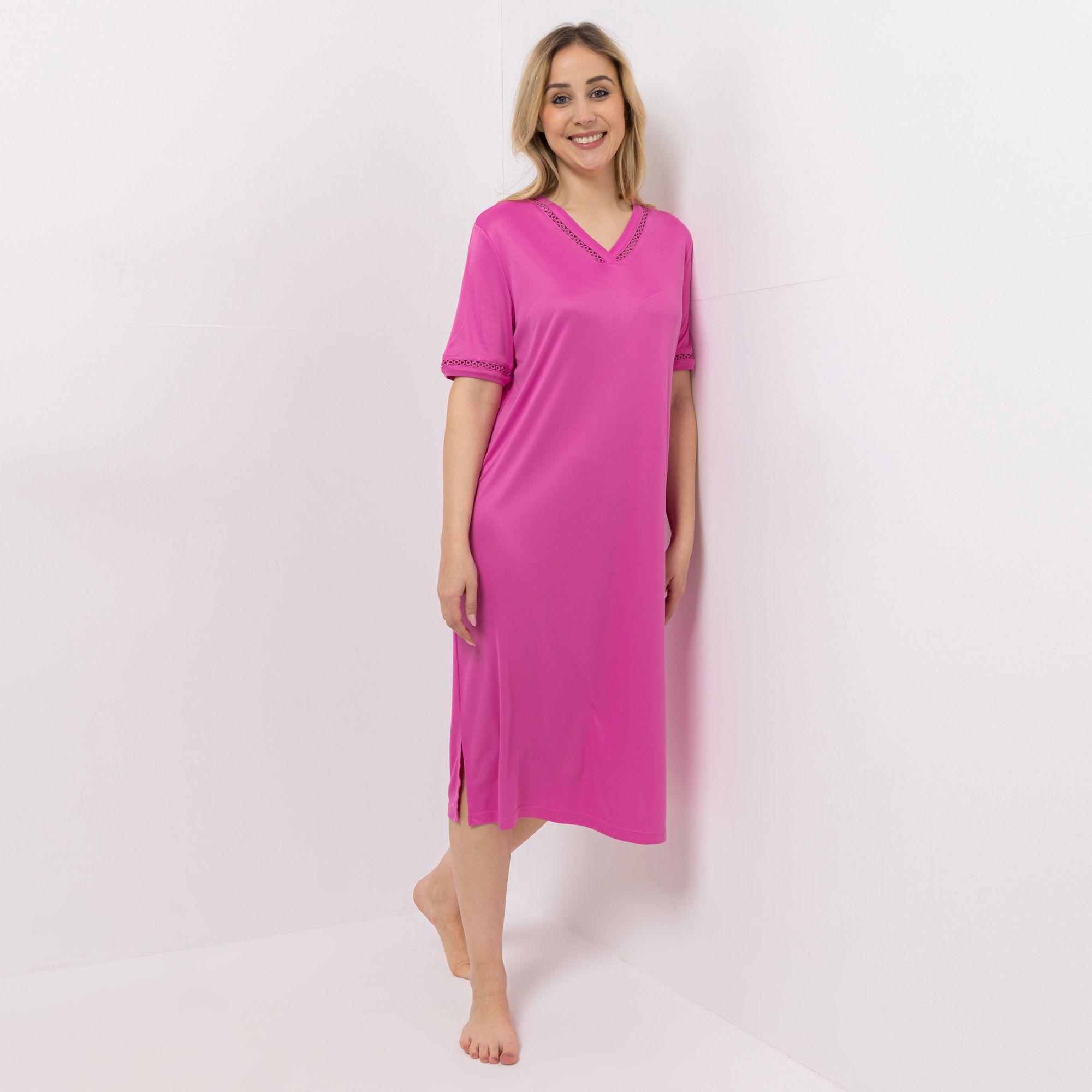 JERYMOOD HOMEWEAR Kleid, 1/2-Arm V-Ausschnitt Seitenschlitzen Zierblende