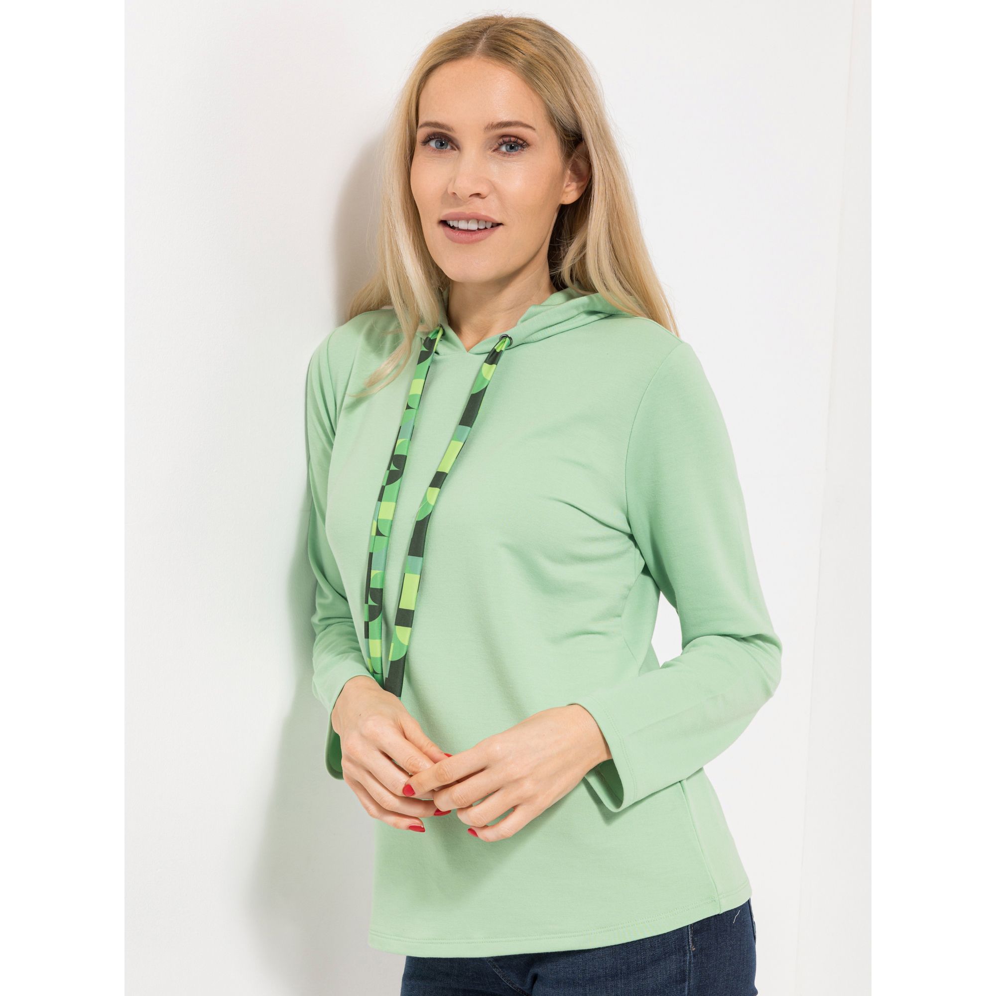 DENIM & CO. Sweatshirt, 1/1-Arm Rundhalsausschnitt bedrucktes Bindeband figurumspielend