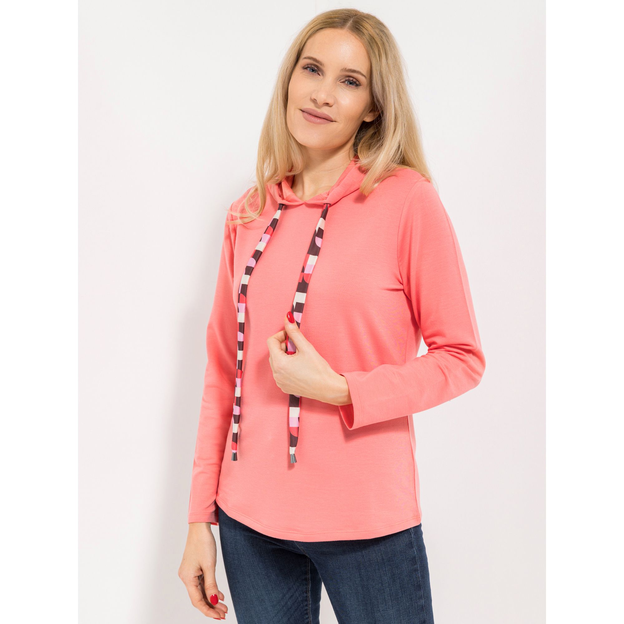 DENIM & CO. Sweatshirt, 1/1-Arm Rundhalsausschnitt bedrucktes Bindeband figurumspielend