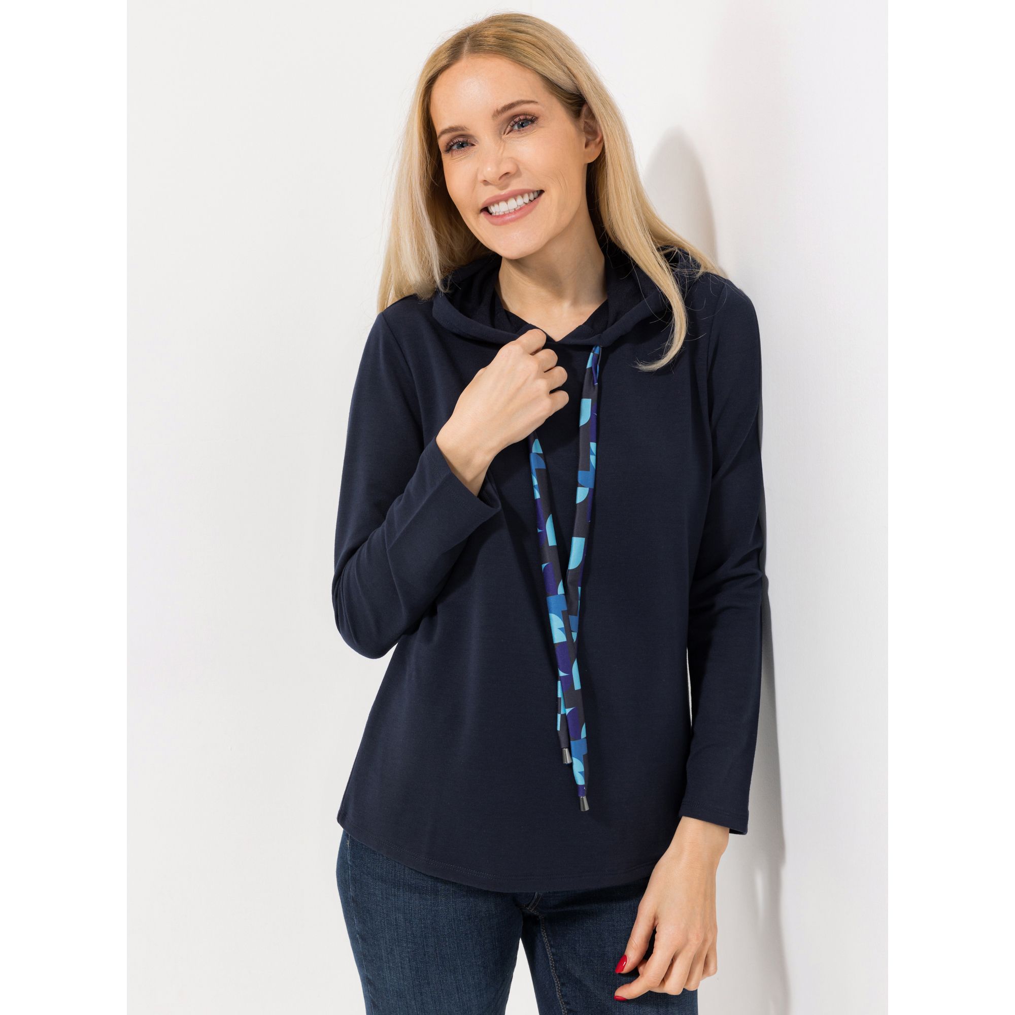 DENIM & CO. Sweatshirt, 1/1-Arm Rundhalsausschnitt bedrucktes Bindeband figurumspielend