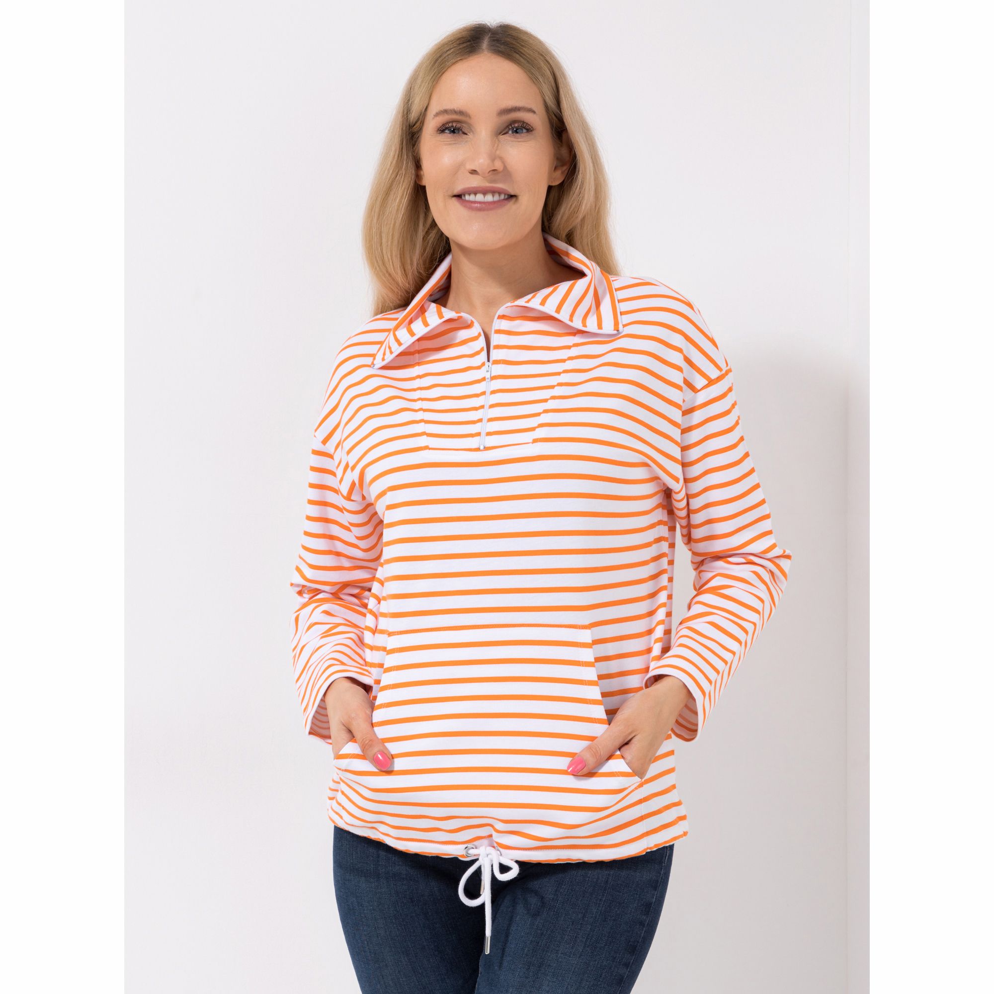 DENIM & CO. Troyerkragen, 1/1-Arm Kordelzug am Saum Kängerutasche leger weit