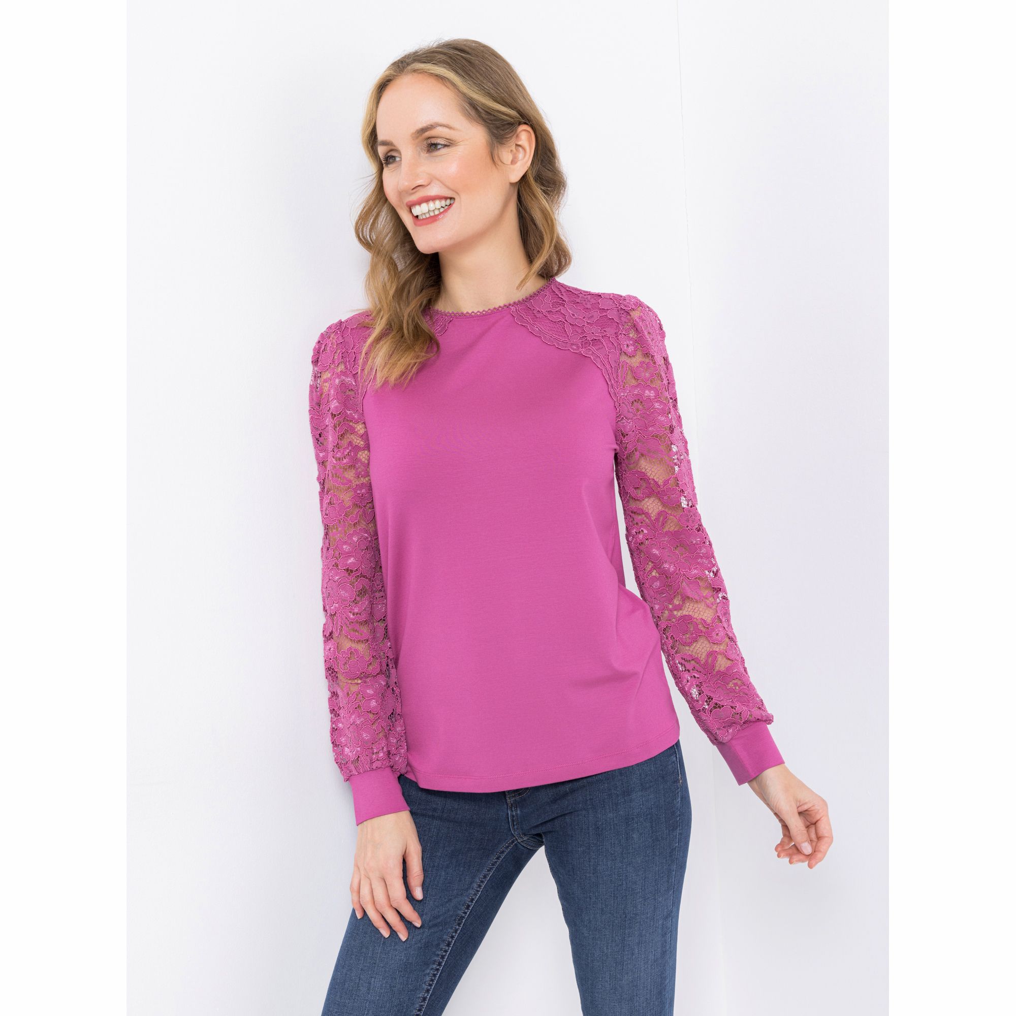 VIA MILANO Shirt, 1/1-Arm Spitzenärmel Rundhalsausschnitt figurumspielend