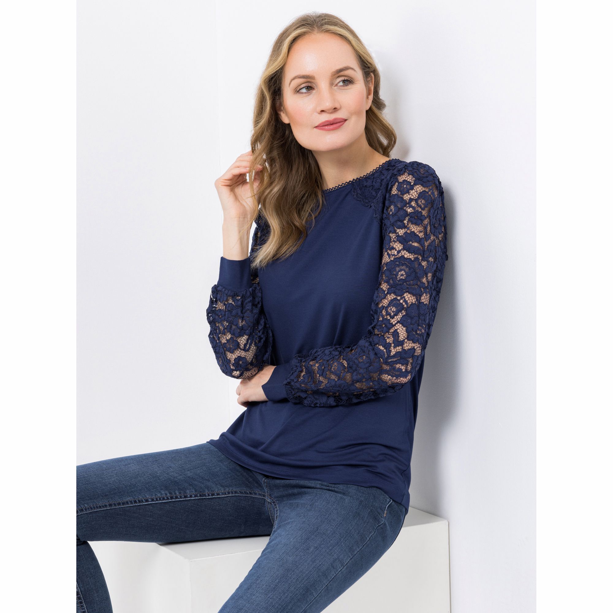 VIA MILANO Shirt, 1/1-Arm Spitzenärmel Rundhalsausschnitt figurumspielend