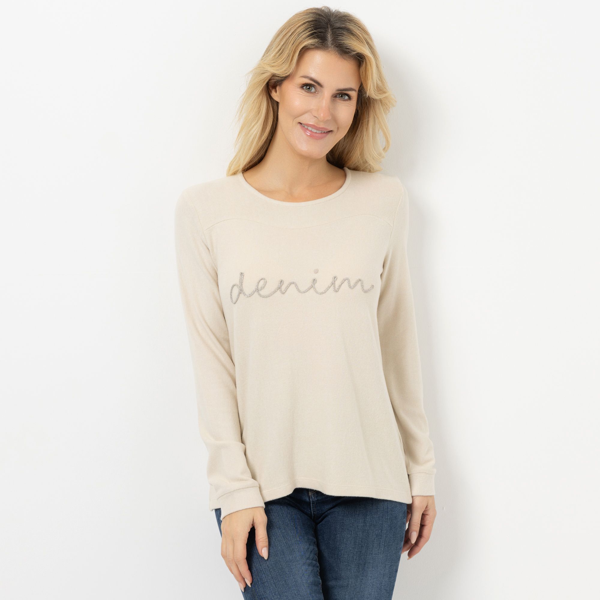 DENIM & CO. Shirt Rundhalsausschnitt Logo-Details leger weit