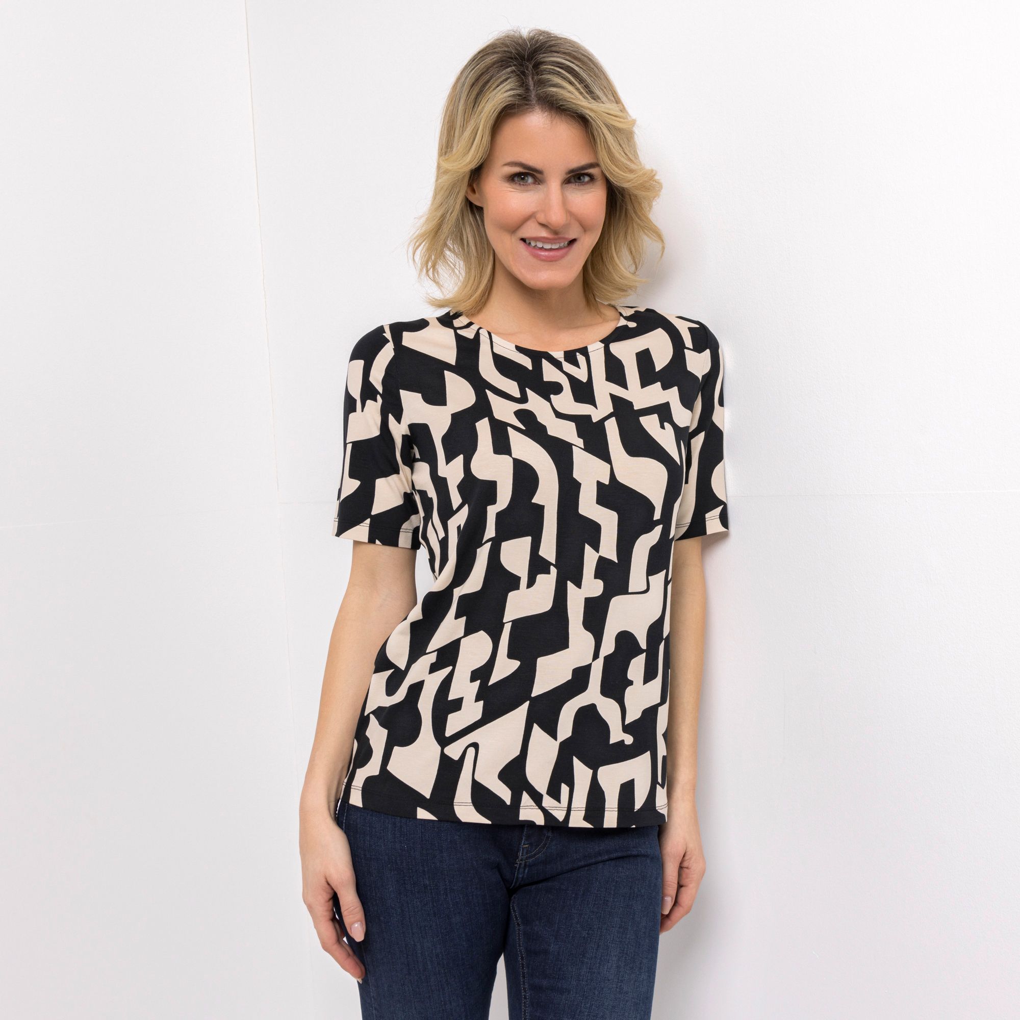 VIA MILANO Shirt, 1/2-Arm Rundhalsausschnitt Allover-Print figurumspielend