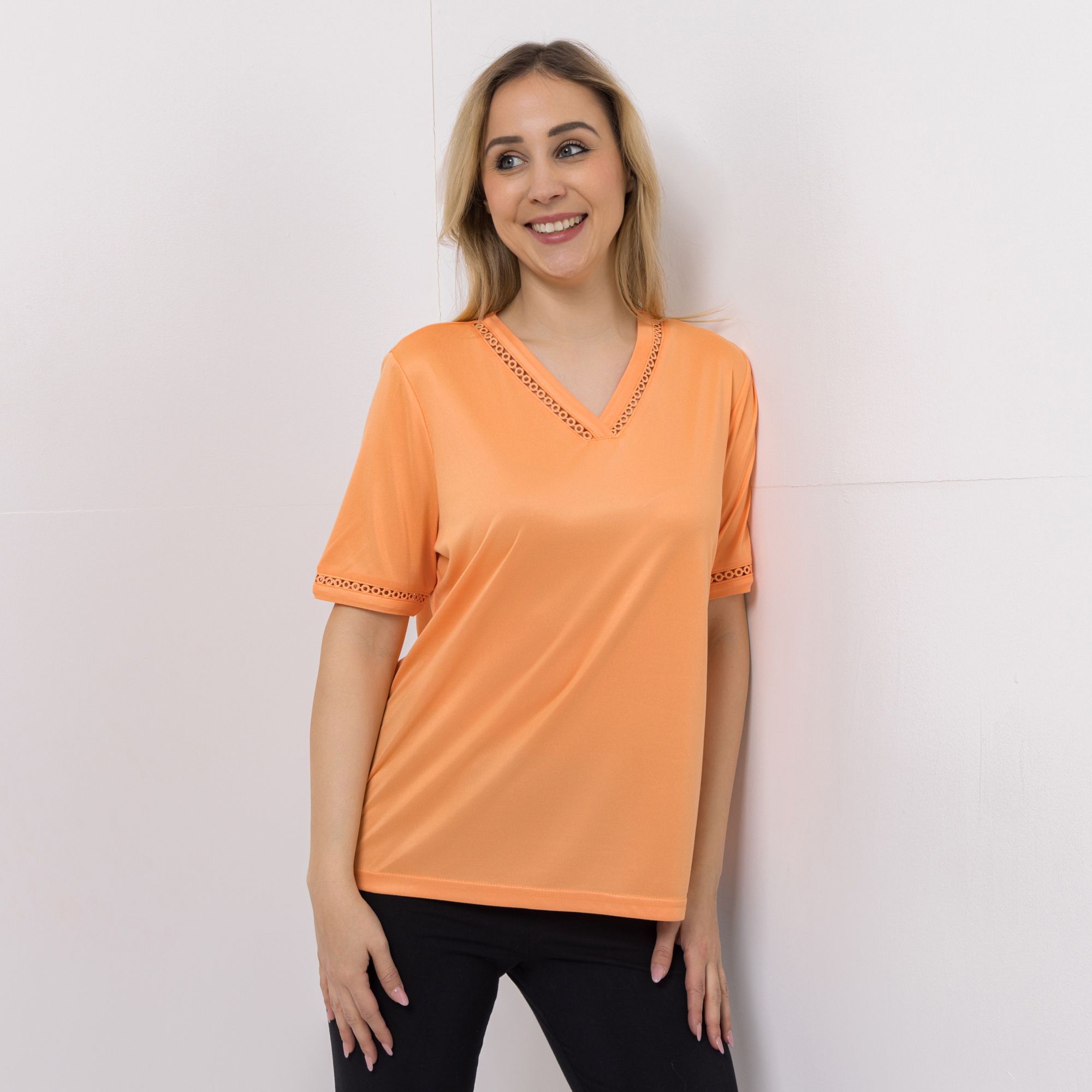 JERYMOOD HOMEWEAR Shirt, 1/2-Arm V-Ausschnitt Spitzendetails Seitenschlitze