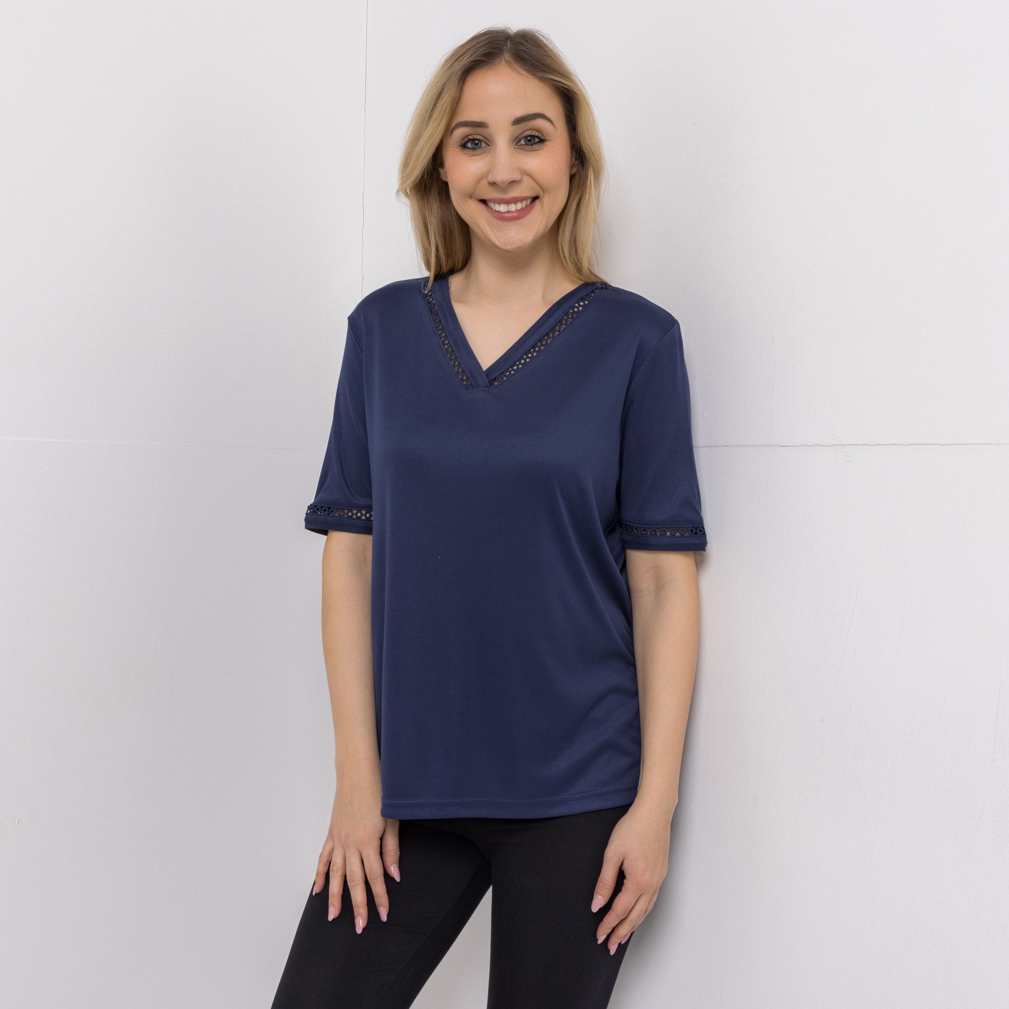 JERYMOOD HOMEWEAR Shirt, 1/2-Arm V-Ausschnitt Spitzendetails Seitenschlitze