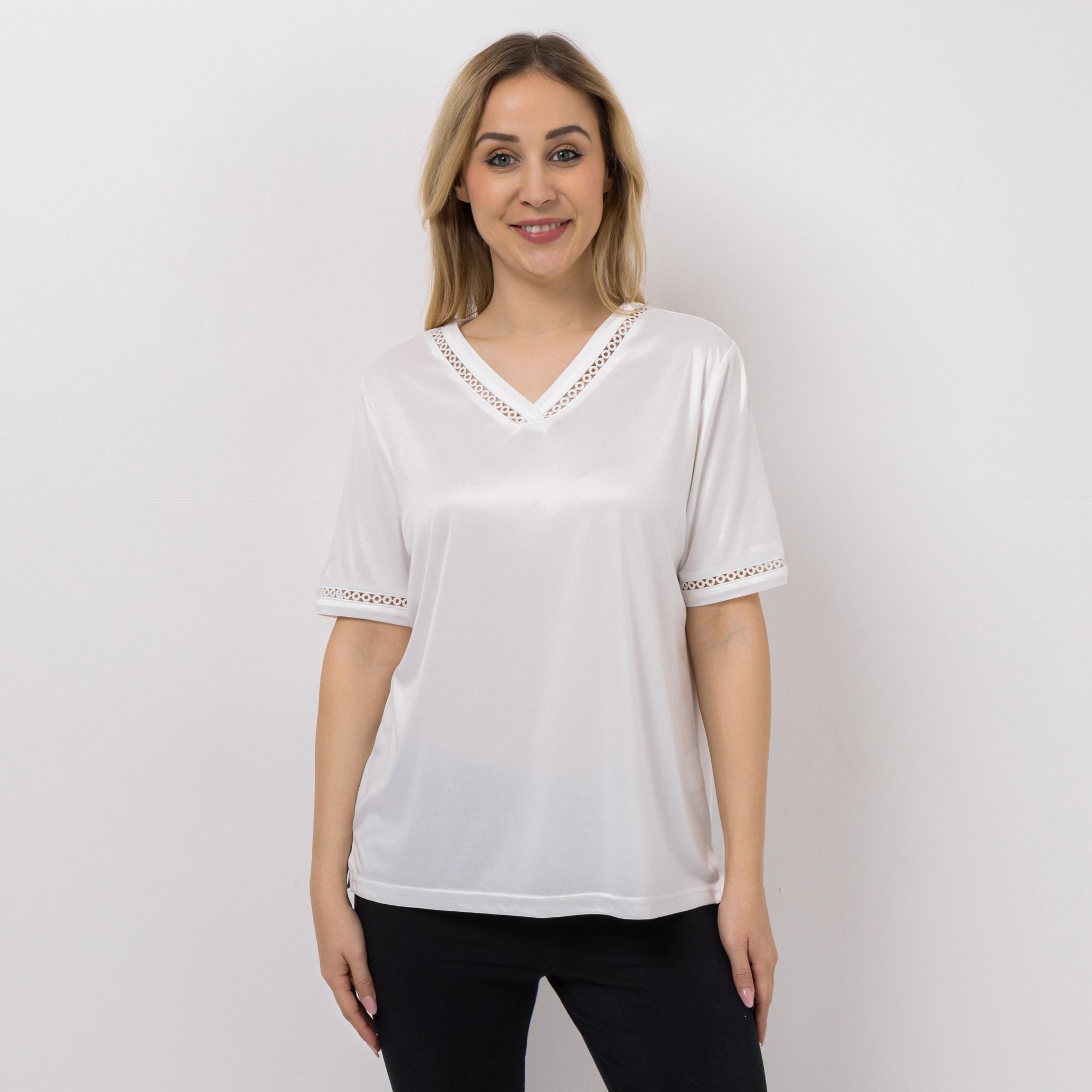 JERYMOOD HOMEWEAR Shirt, 1/2-Arm V-Ausschnitt Spitzendetails Seitenschlitze
