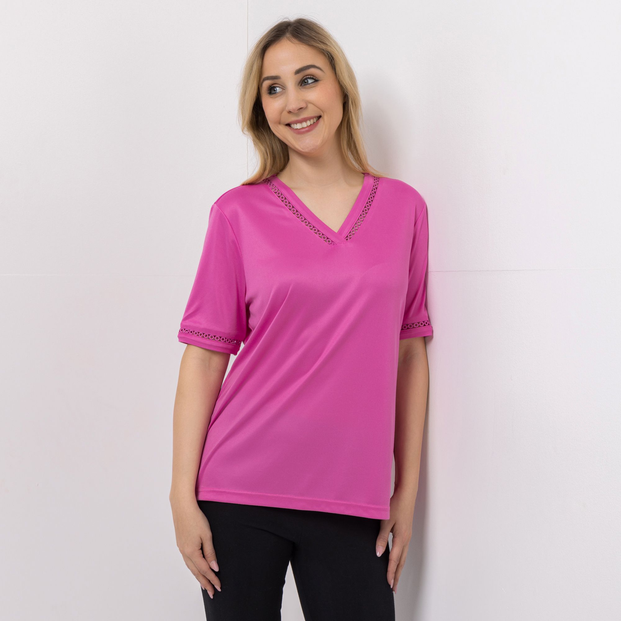 JERYMOOD HOMEWEAR Shirt, 1/2-Arm V-Ausschnitt Spitzendetails Seitenschlitze
