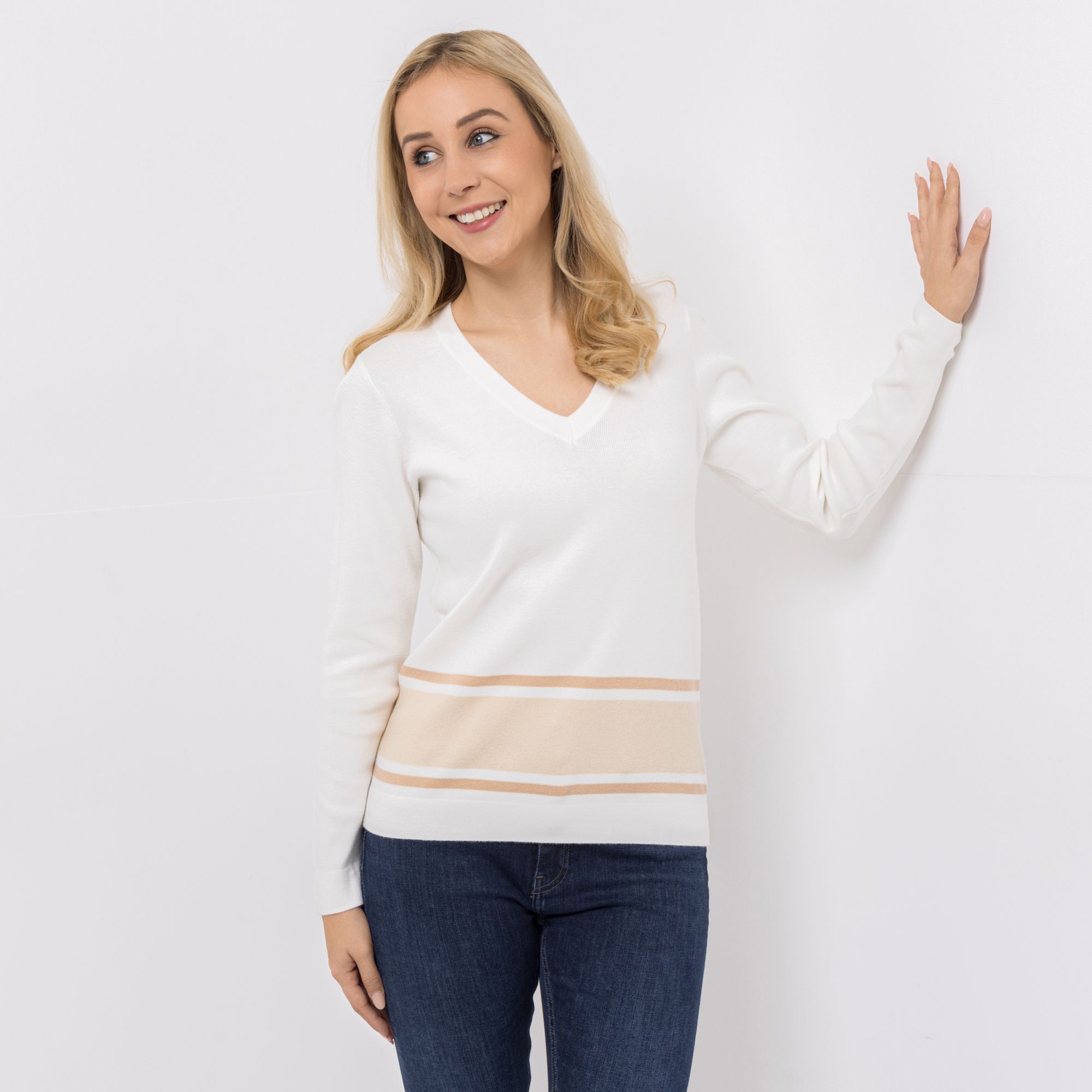 DENIM & CO. Pullover 1/1-Arm V-Ausschnitt figurumspielend