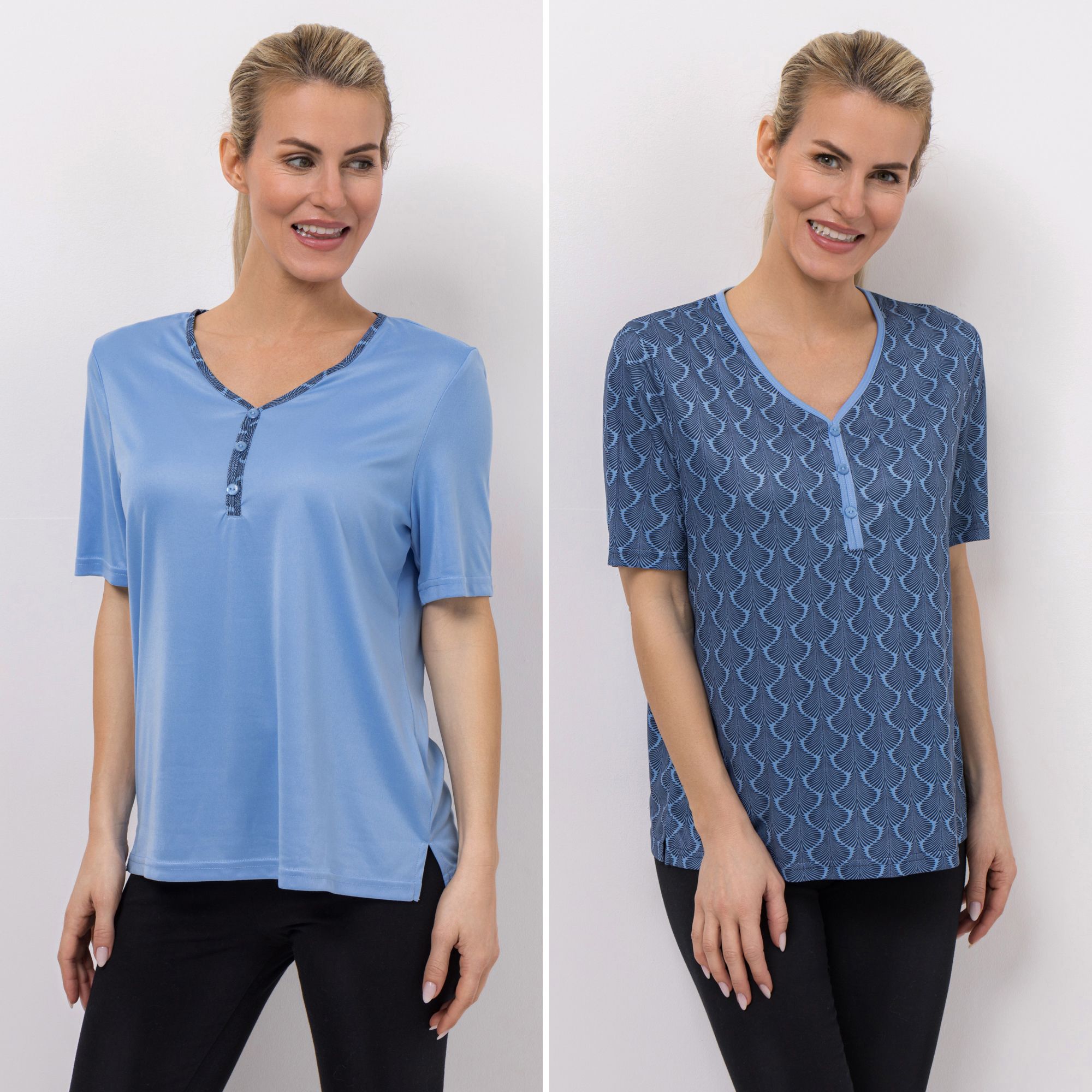 JERYMOOD HOMEWEAR 2 Shirts, 1/2-Arm Mikrofaser V-Ausschnitt 1x uni, 1x bedruckt