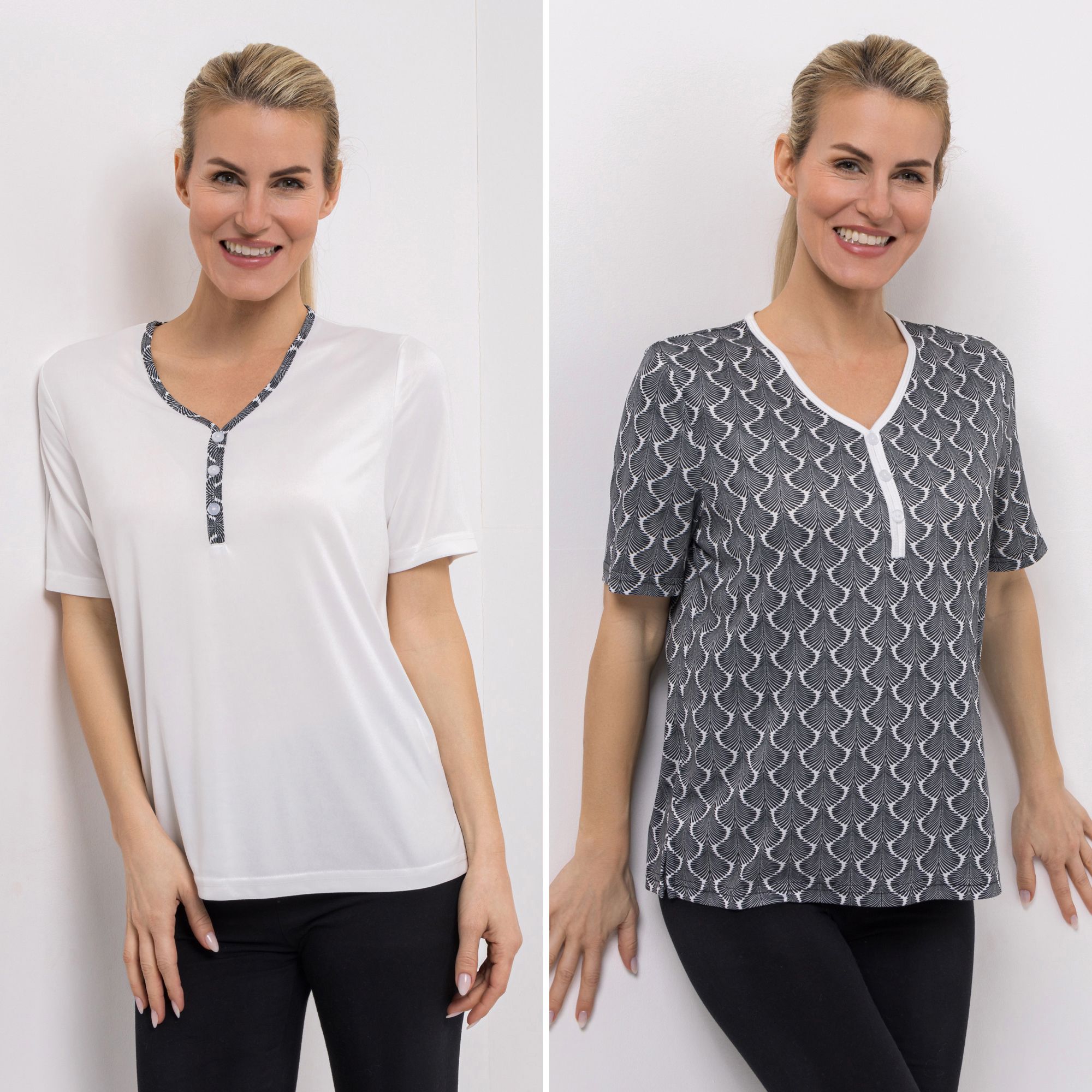 JERYMOOD HOMEWEAR 2 Shirts, 1/2-Arm Mikrofaser V-Ausschnitt 1x uni, 1x bedruckt