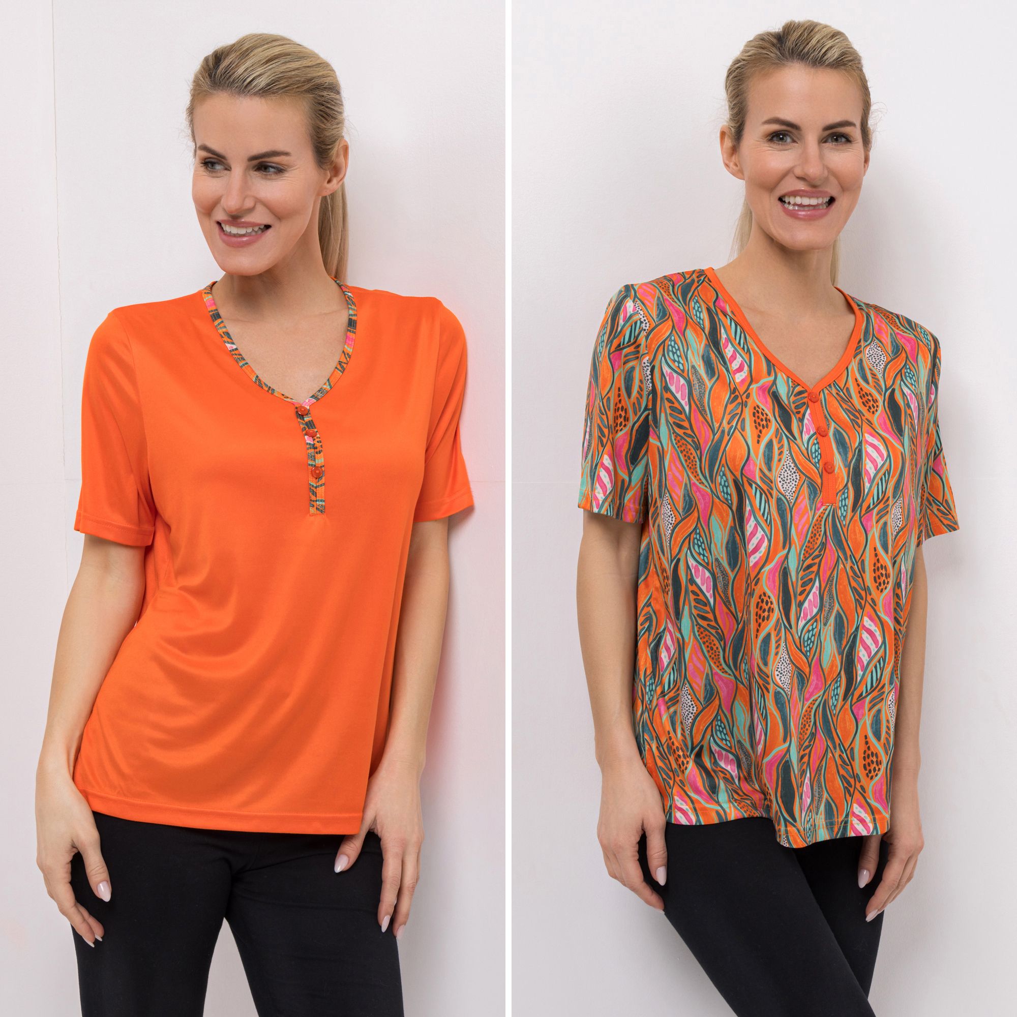 JERYMOOD HOMEWEAR 2 Shirts, 1/2-Arm Mikrofaser V-Ausschnitt 1x uni, 1x bedruckt