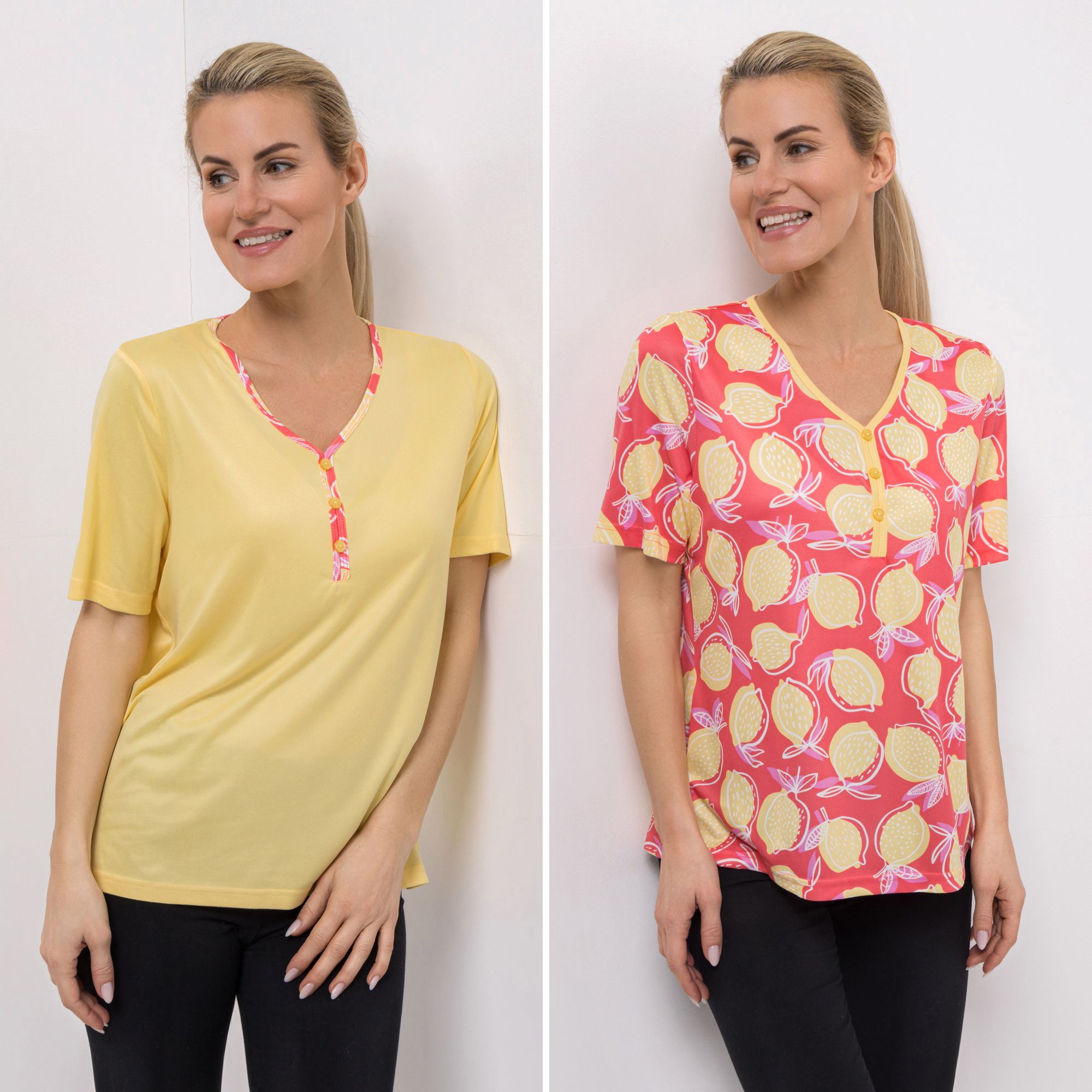 JERYMOOD HOMEWEAR 2 Shirts, 1/2-Arm Mikrofaser V-Ausschnitt 1x uni, 1x bedruckt