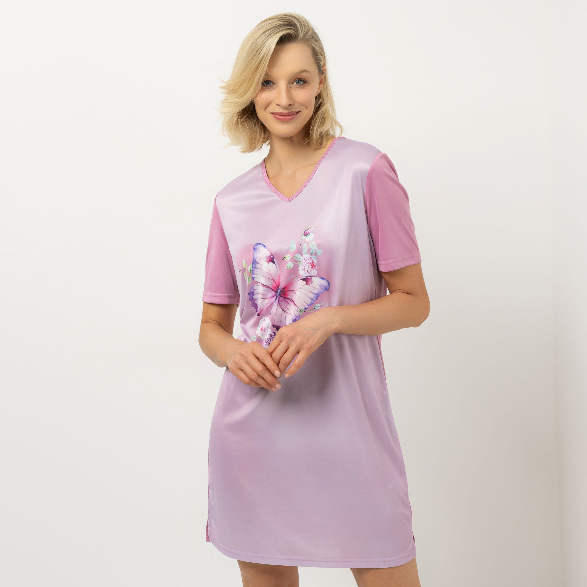 LITTLE ROSE Bigshirt, 1/2-Arm V-Ausschnitt vorne bedruckt mit Seitenschlitzen