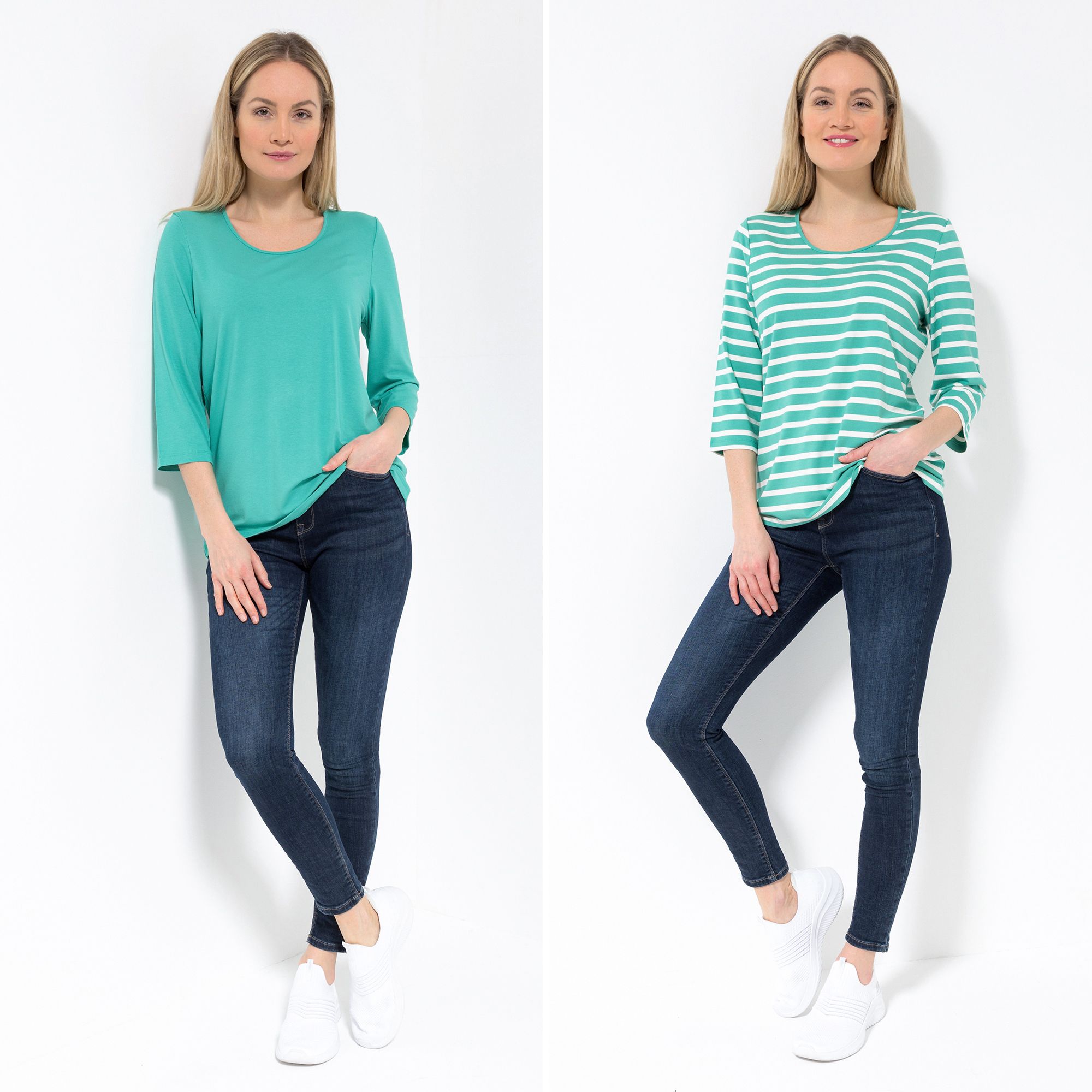 DENIM & CO. 2 Shirts 3/4-Arm Rundhalsausschnitt uni und gestreift