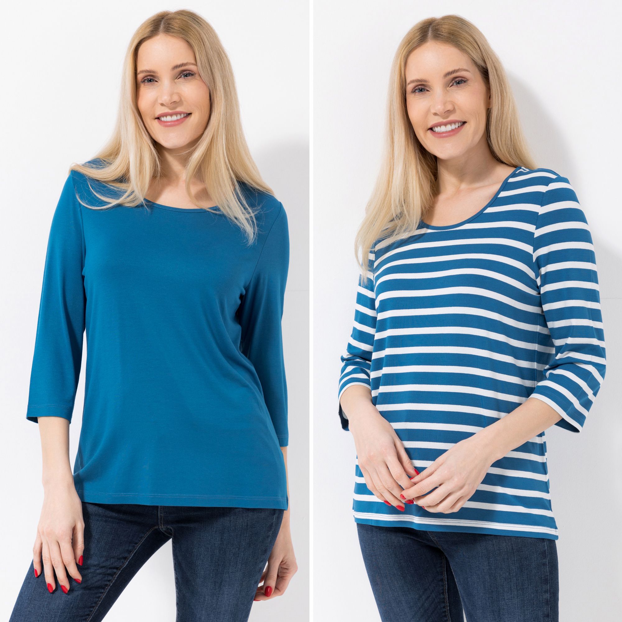 DENIM & CO. 2 Shirts 3/4-Arm Rundhalsausschnitt uni und gestreift