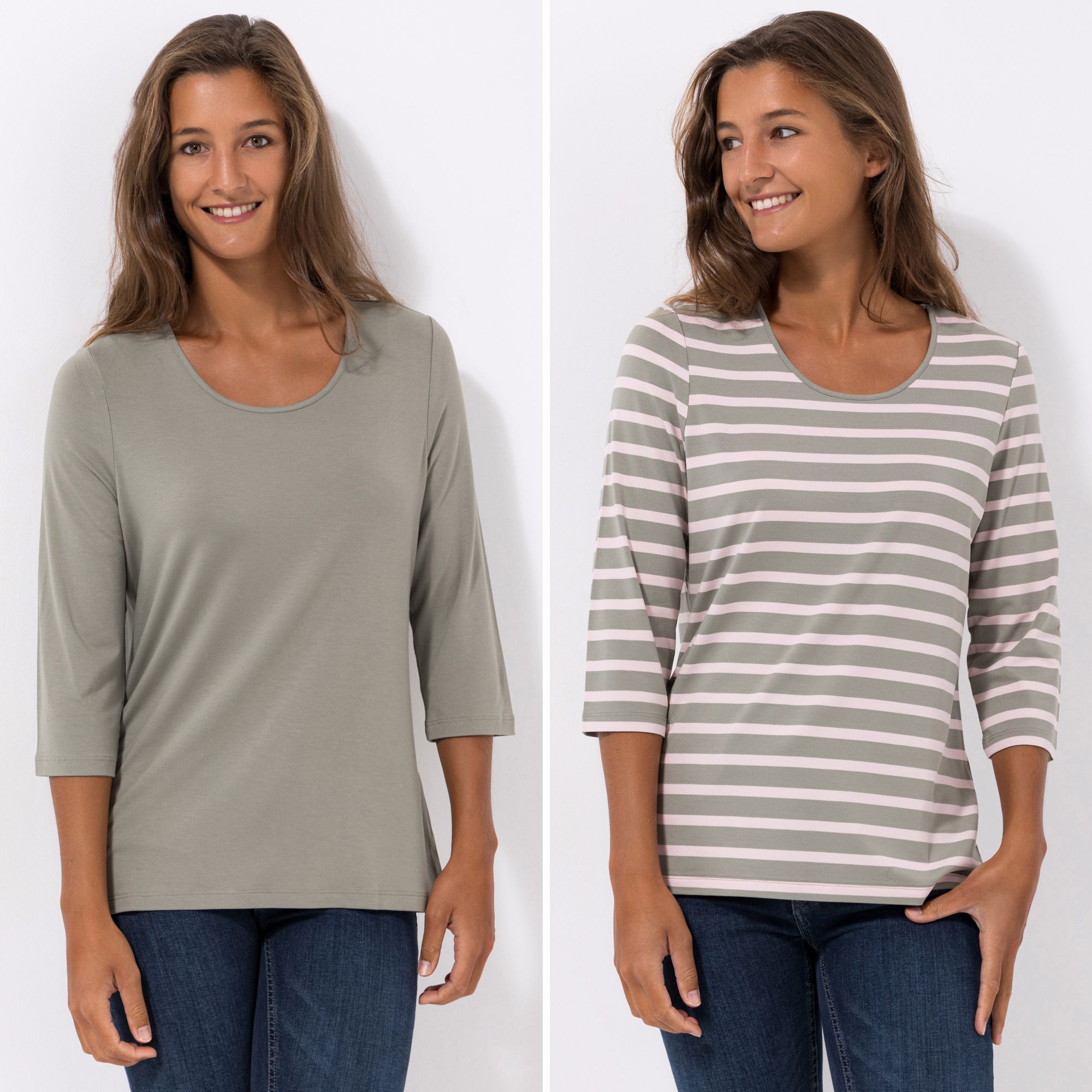 DENIM & CO. 2 Shirts 3/4-Arm Rundhalsausschnitt uni und gestreift