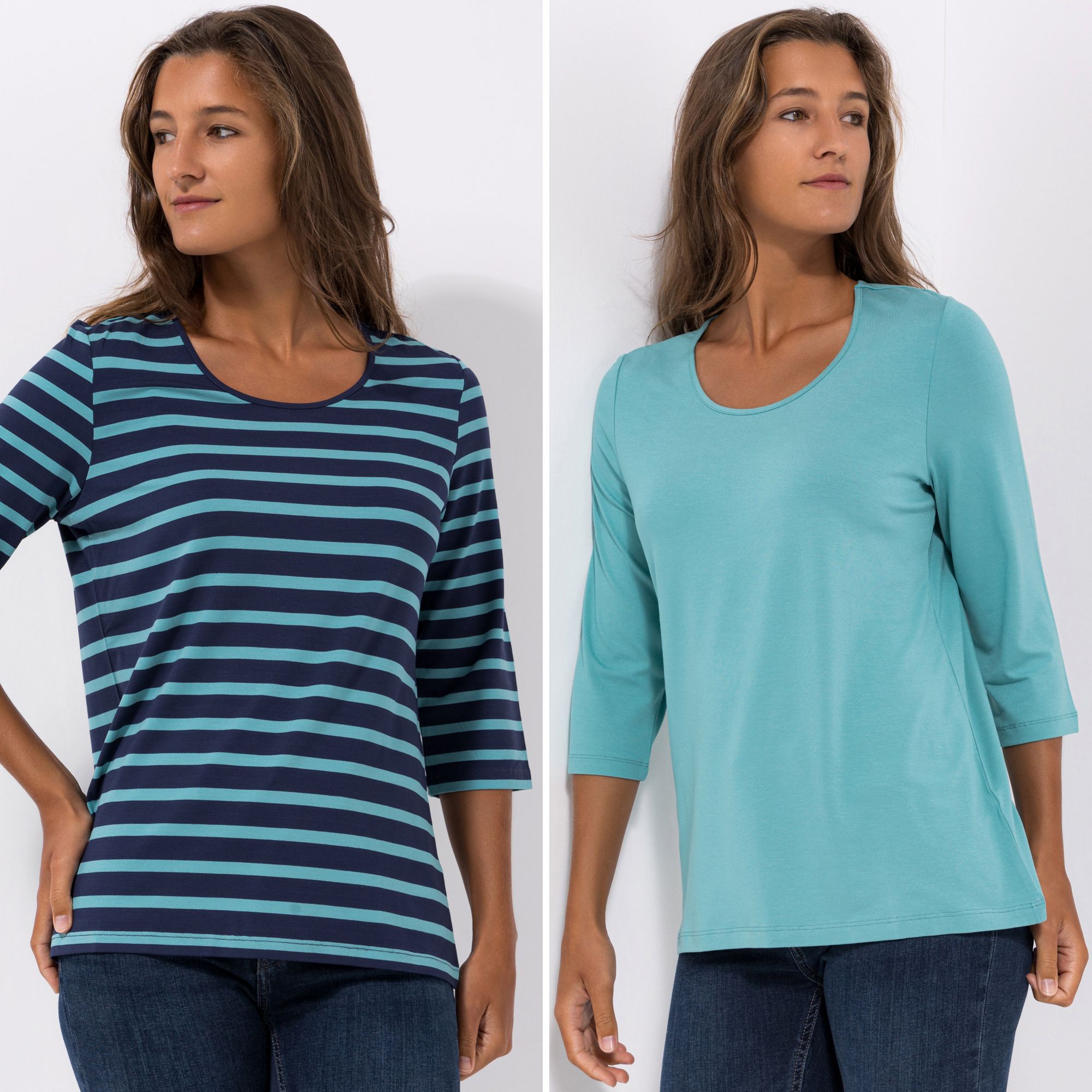 DENIM & CO. 2 Shirts 3/4-Arm Rundhalsausschnitt uni und gestreift