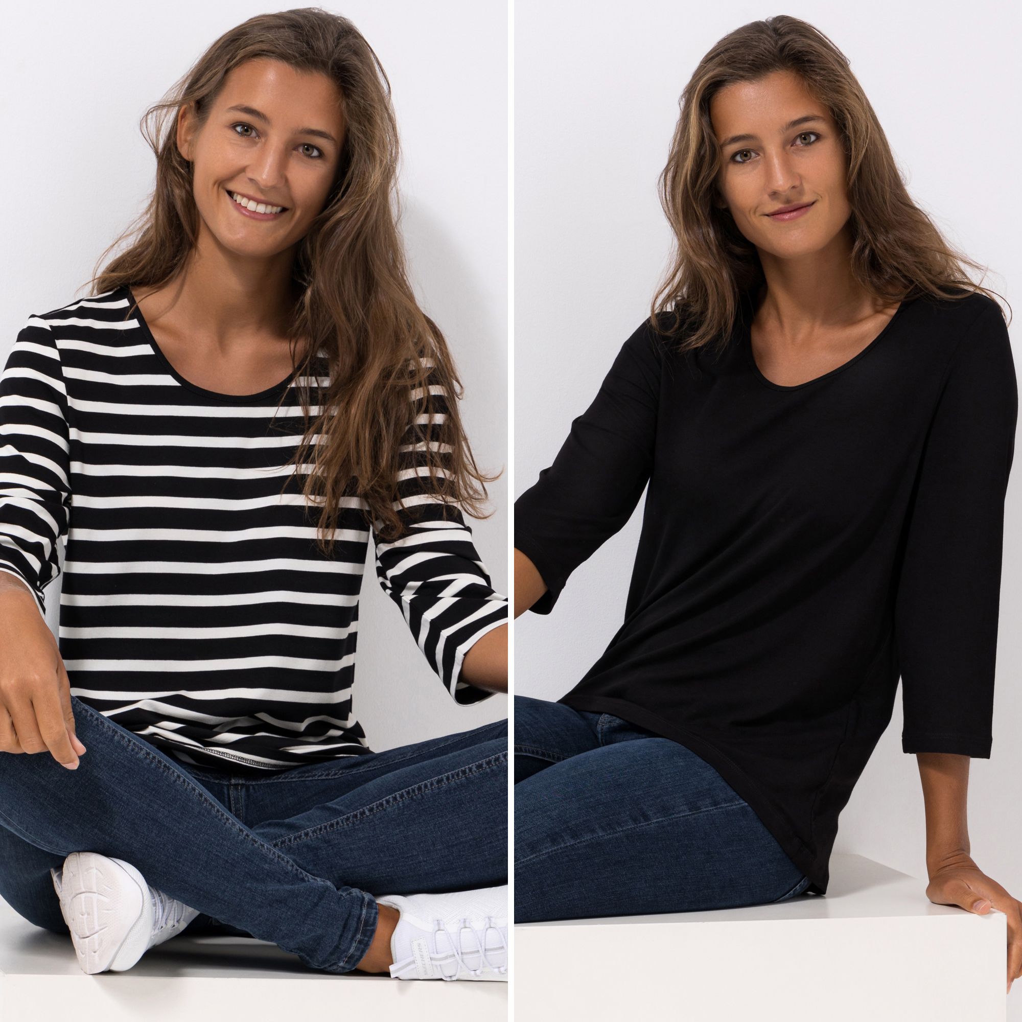 DENIM & CO. 2 Shirts 3/4-Arm Rundhalsausschnitt uni und gestreift