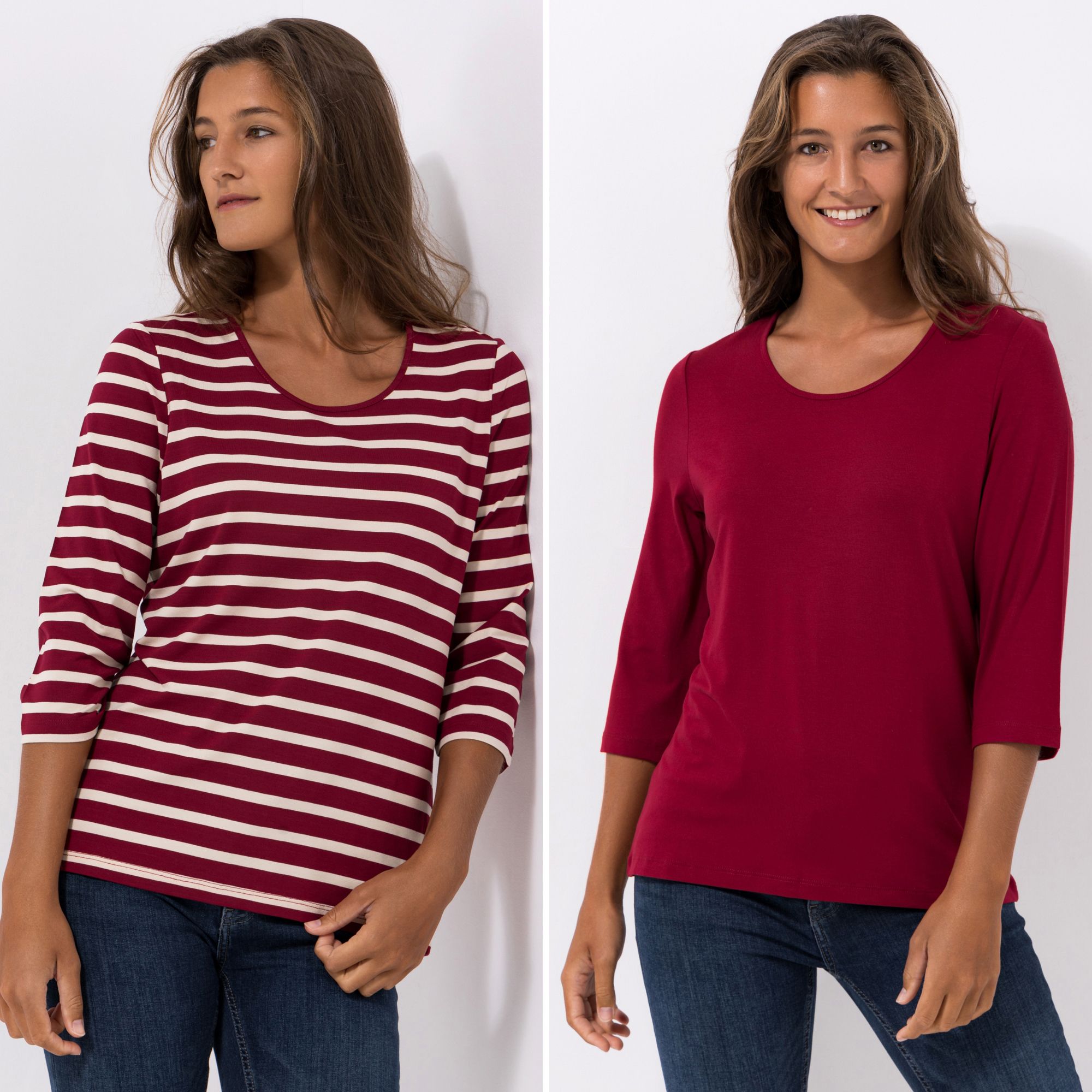 DENIM & CO. 2 Shirts 3/4-Arm Rundhalsausschnitt uni und gestreift