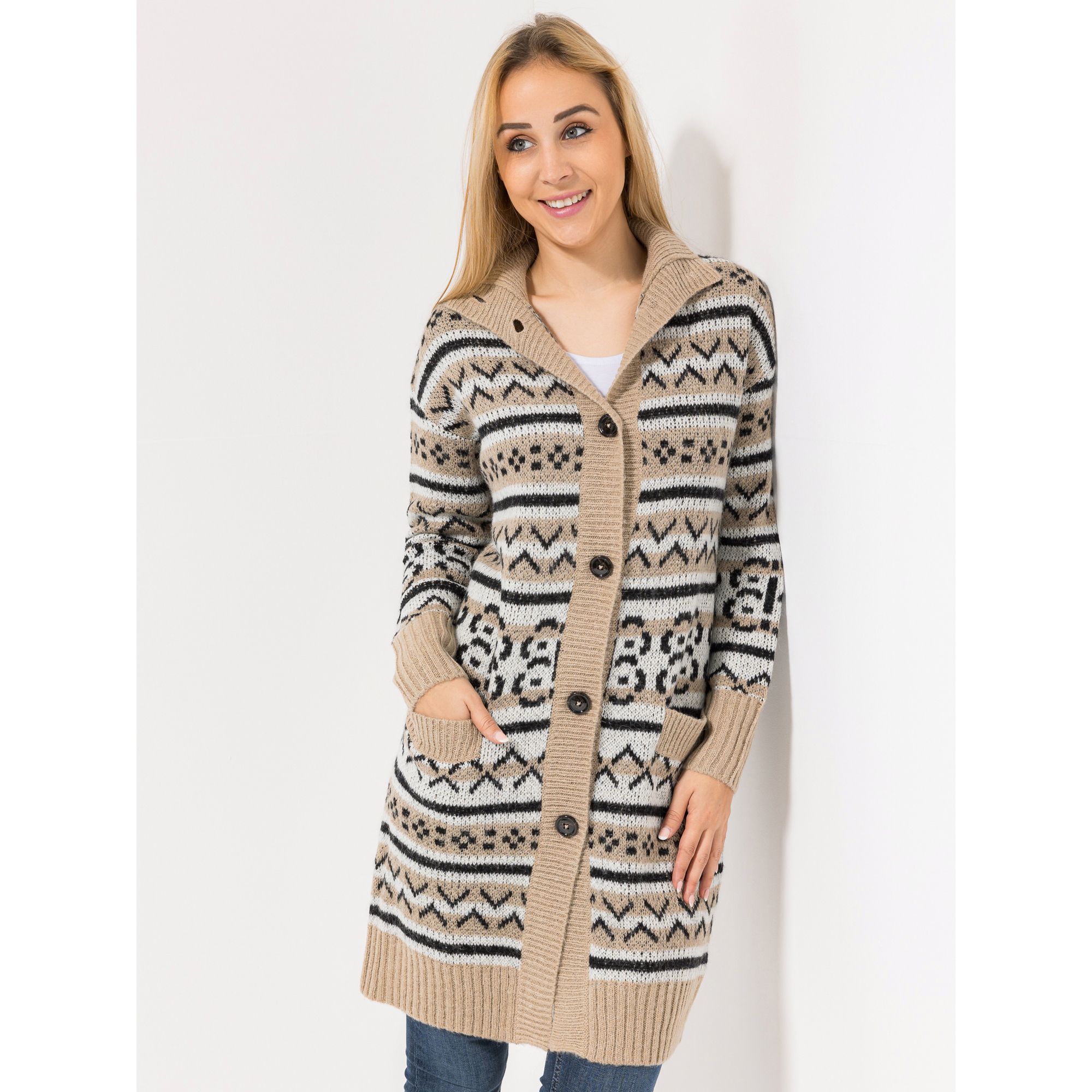BASLER® Strickjacke, 1/1-Arm Lange Form "Norweger"-Muster Knopfleiste