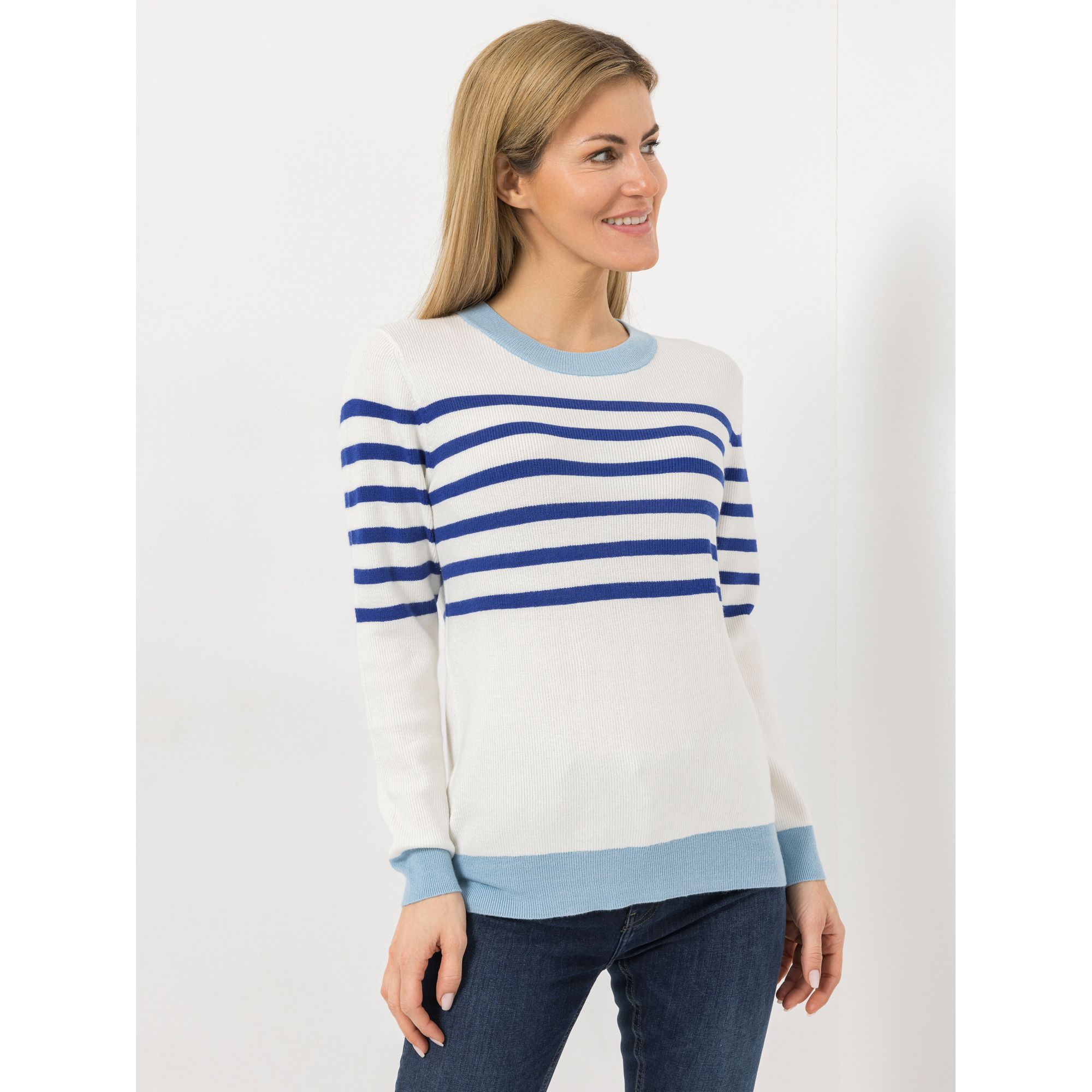 DENIM & CO. Pullover Rundhalsausschnitt Streifen Kontrastkanten