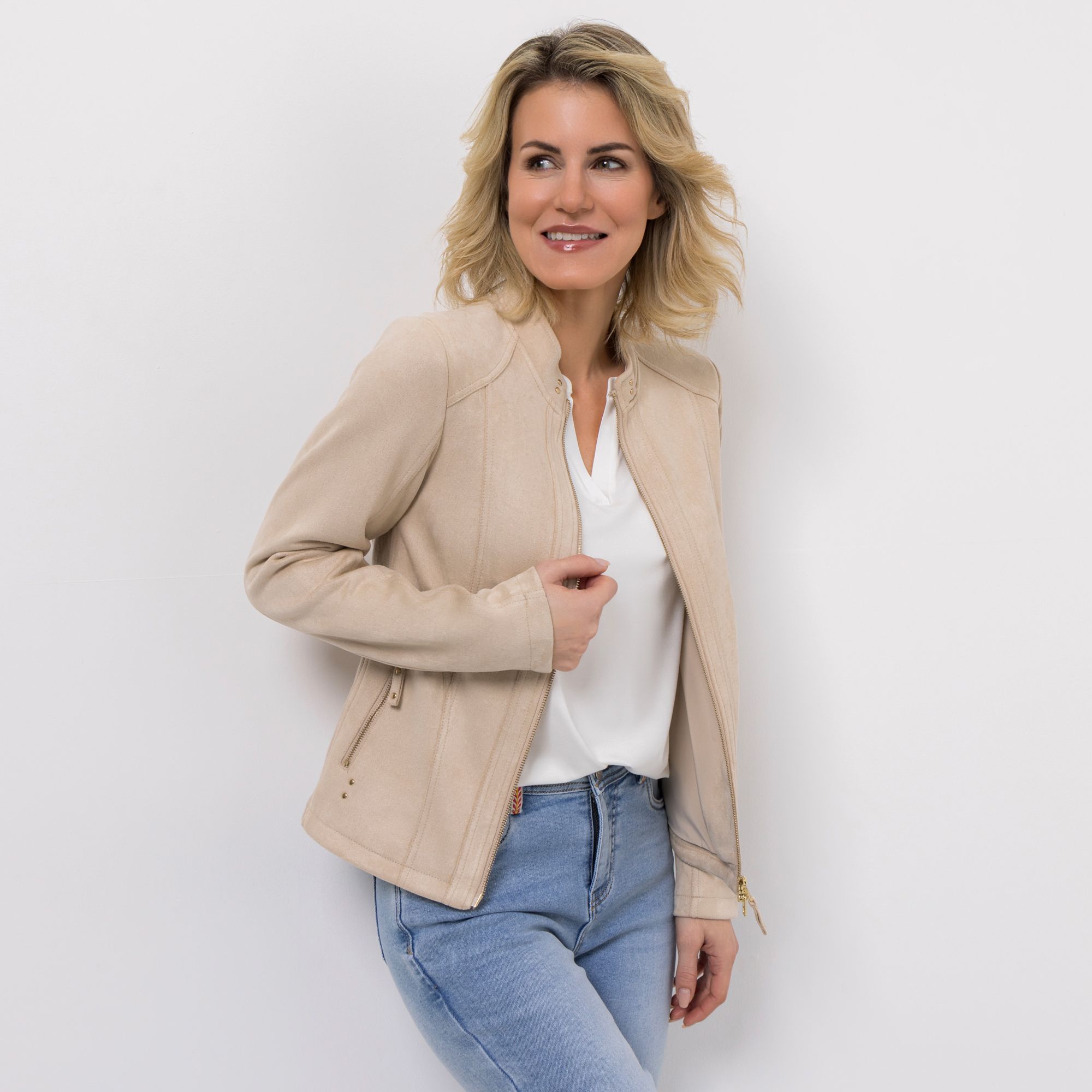 VIA MILANO Jacke Veloursleder-Optik Stretch-Einsatz figurbetont