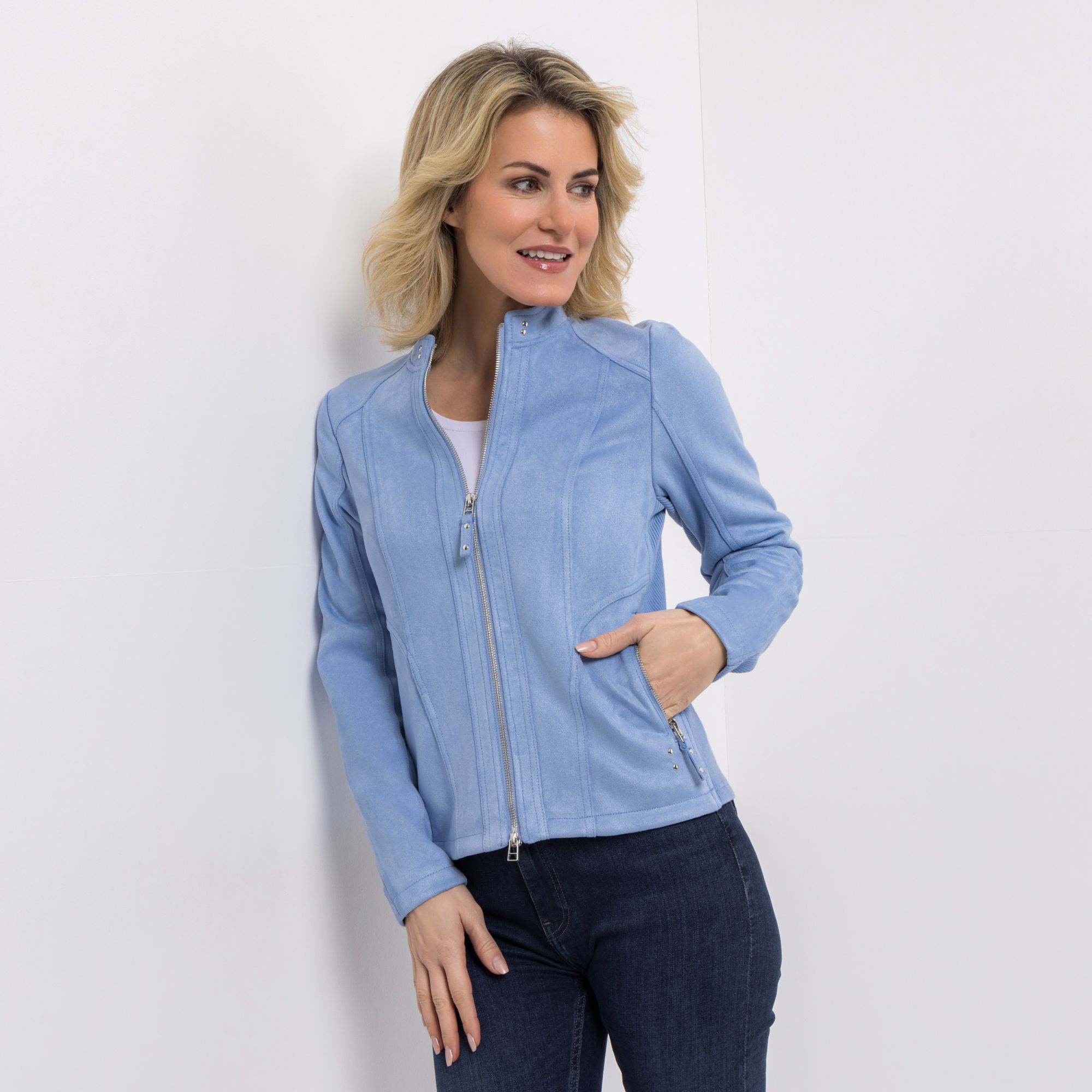 VIA MILANO Jacke Veloursleder-Optik Stretch-Einsatz figurbetont