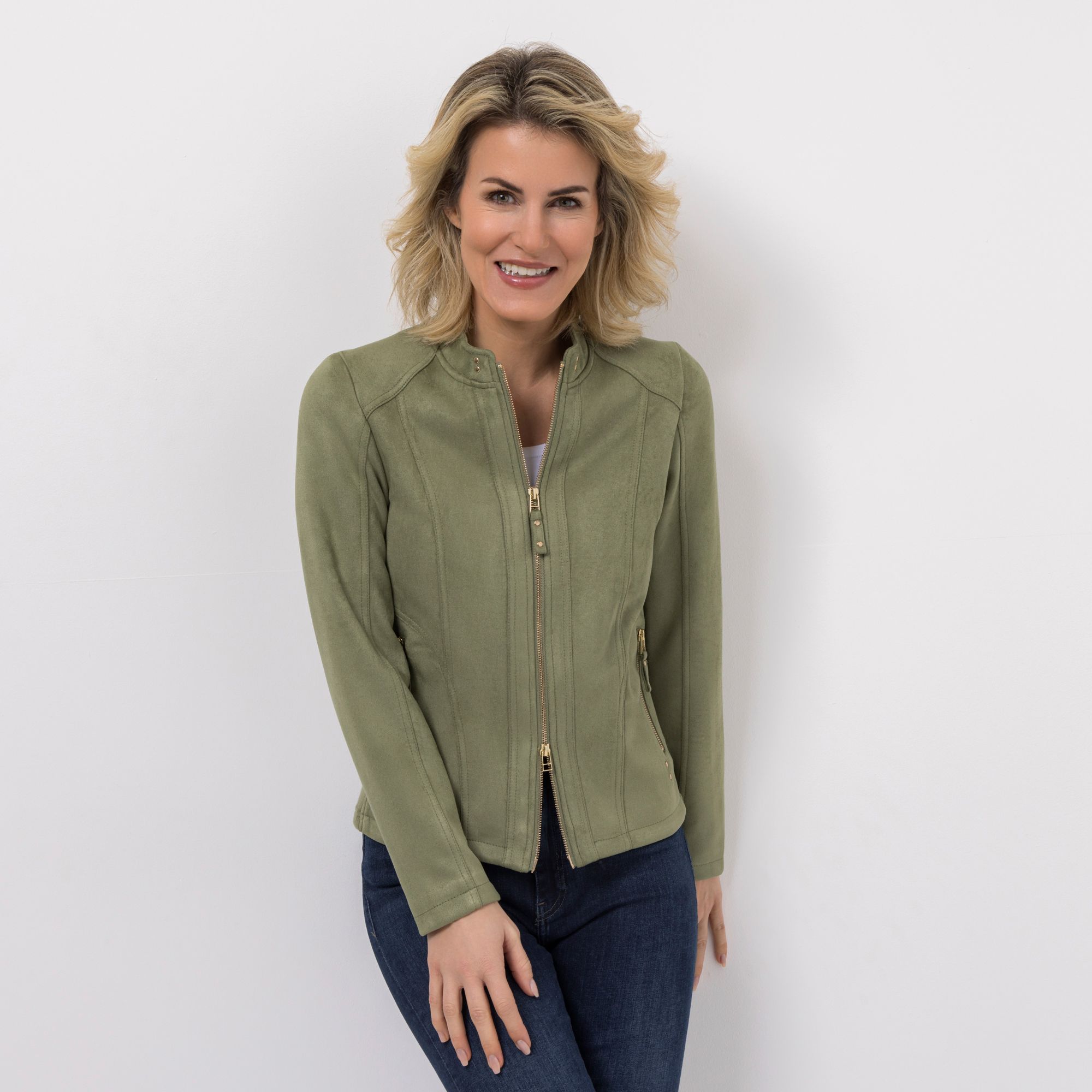 VIA MILANO Jacke Veloursleder-Optik Stretch-Einsatz figurbetont