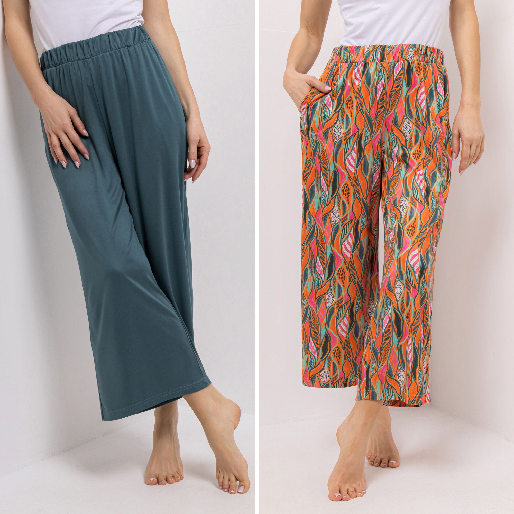 JERYMOOD HOMEWEAR 2 Hosen, 7/8-Länge Mikrofaser Rundumdehnbund 1x uni, 1x bedruckt