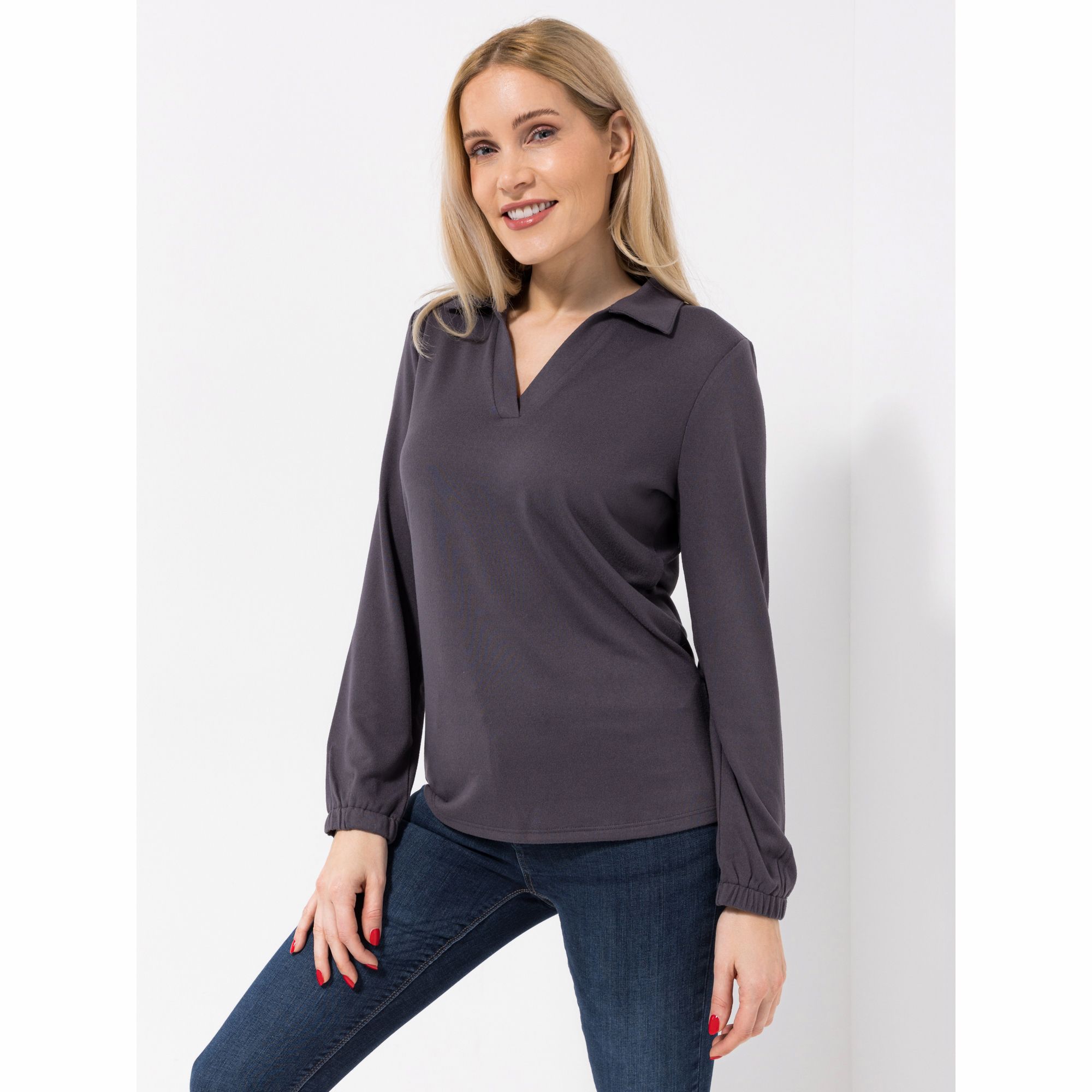 DENIM & CO. Sweatshirt, 1/1-Arm offener Polokragen figurumspielend uni