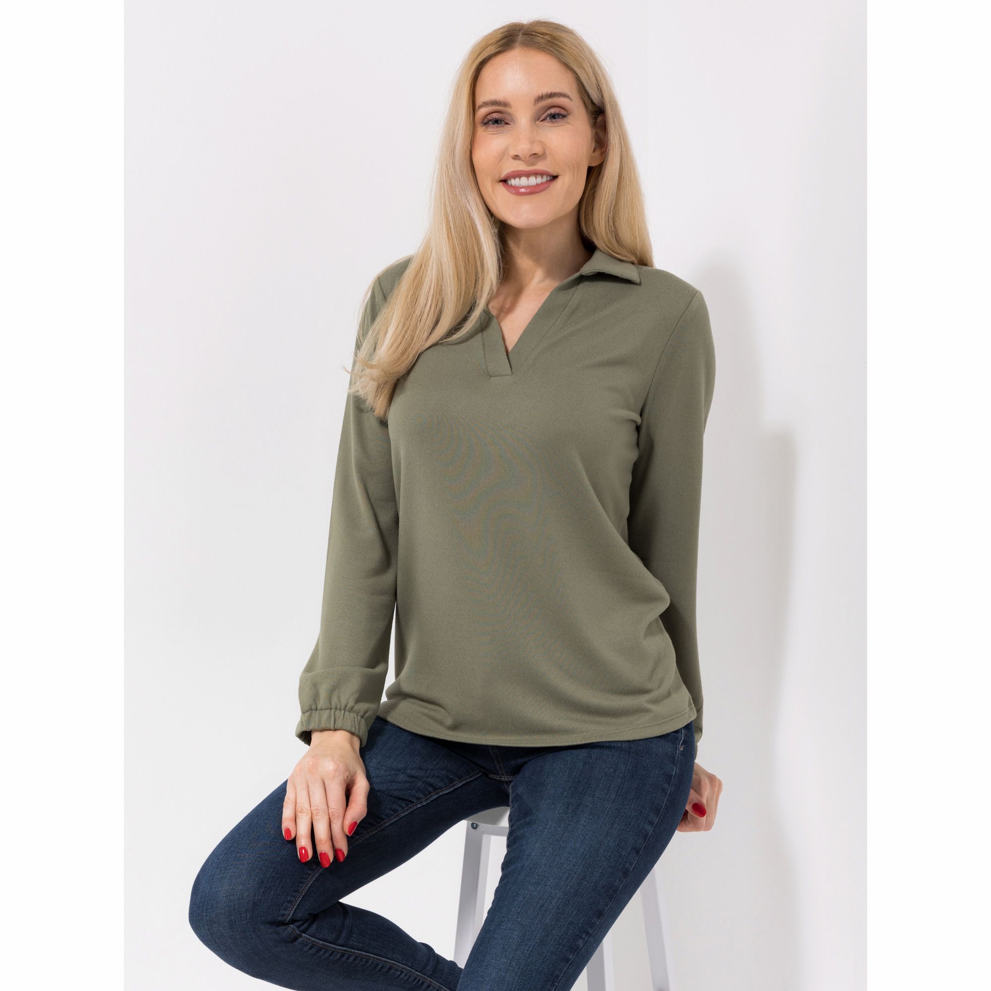 DENIM & CO. Sweatshirt, 1/1-Arm offener Polokragen figurumspielend uni