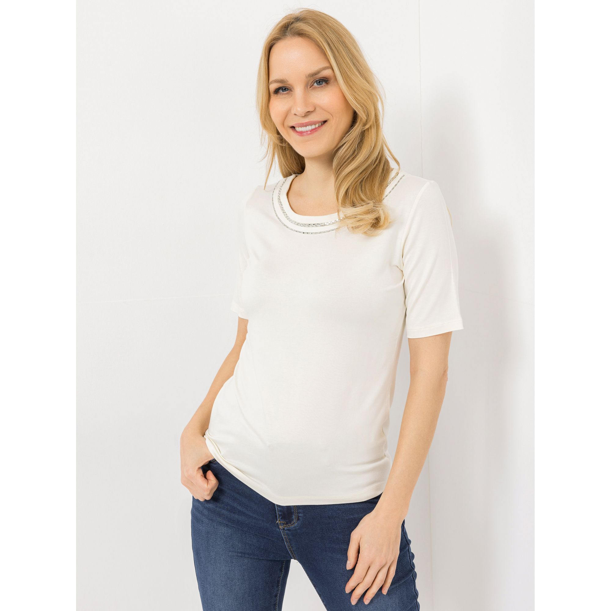 VIA MILANO Shirt, 1/2-Arm Rundhalsausschnitt Ziersteine figurumspielend