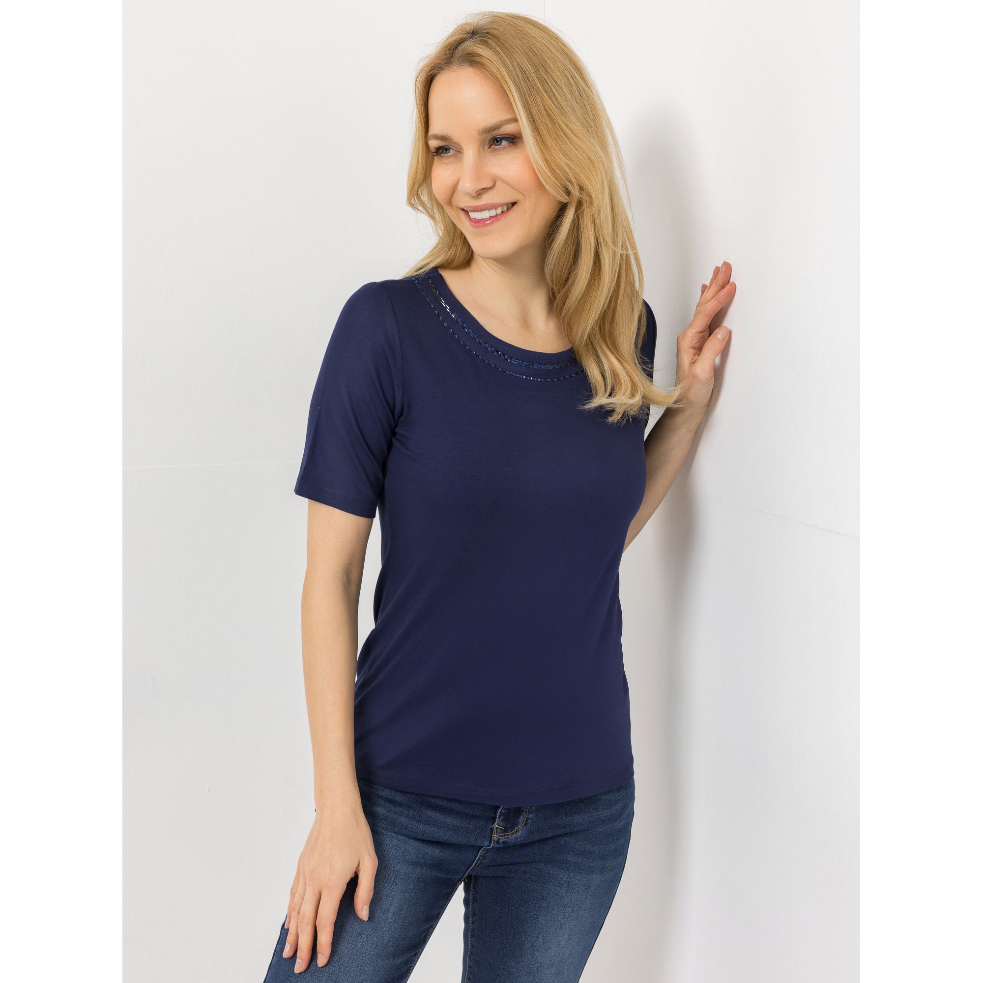 VIA MILANO Shirt, 1/2-Arm Rundhalsausschnitt Ziersteine figurumspielend