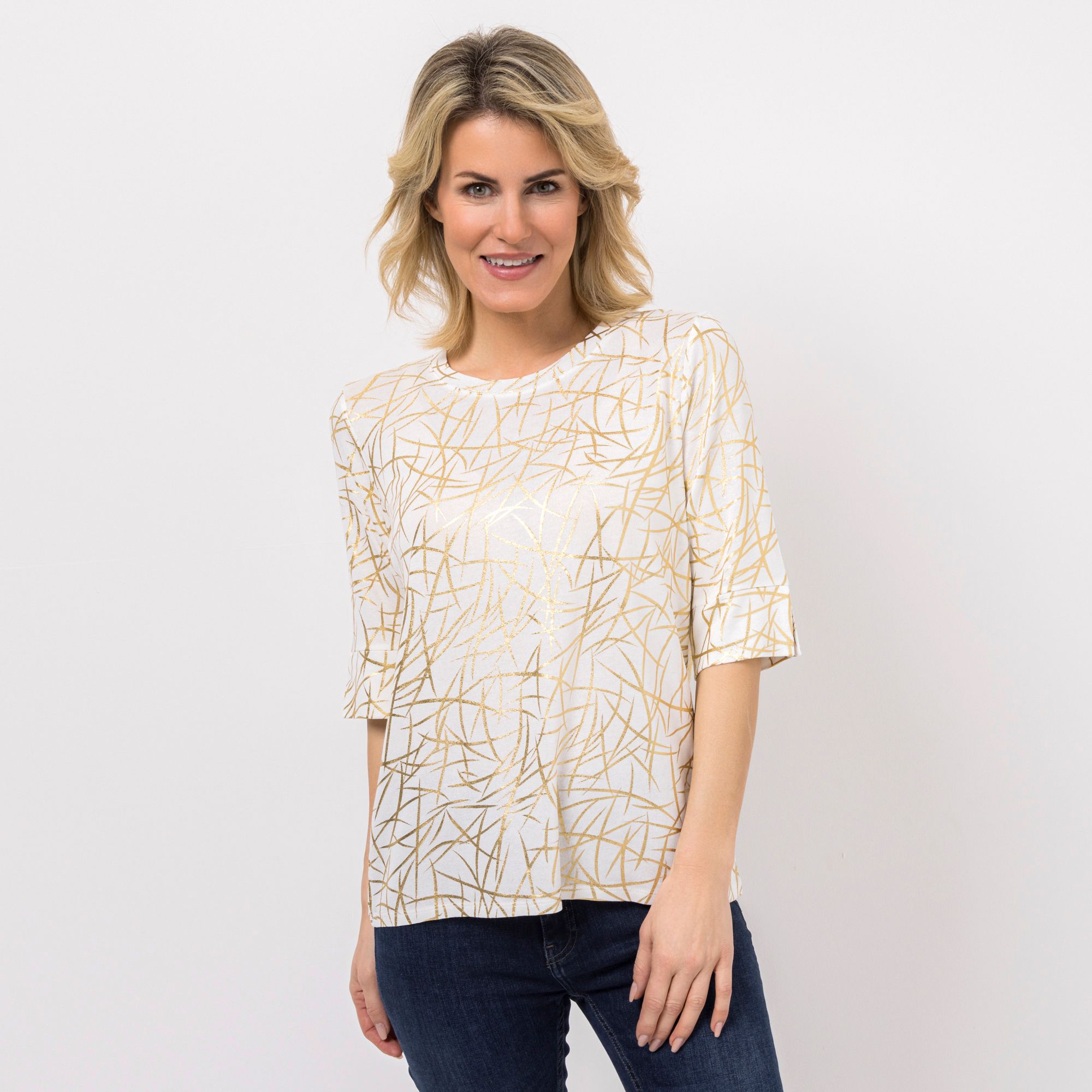 VIA MILANO Shirt, langer 1/2-Arm Rundhalsausschnitt Allover-Print figurumspielend