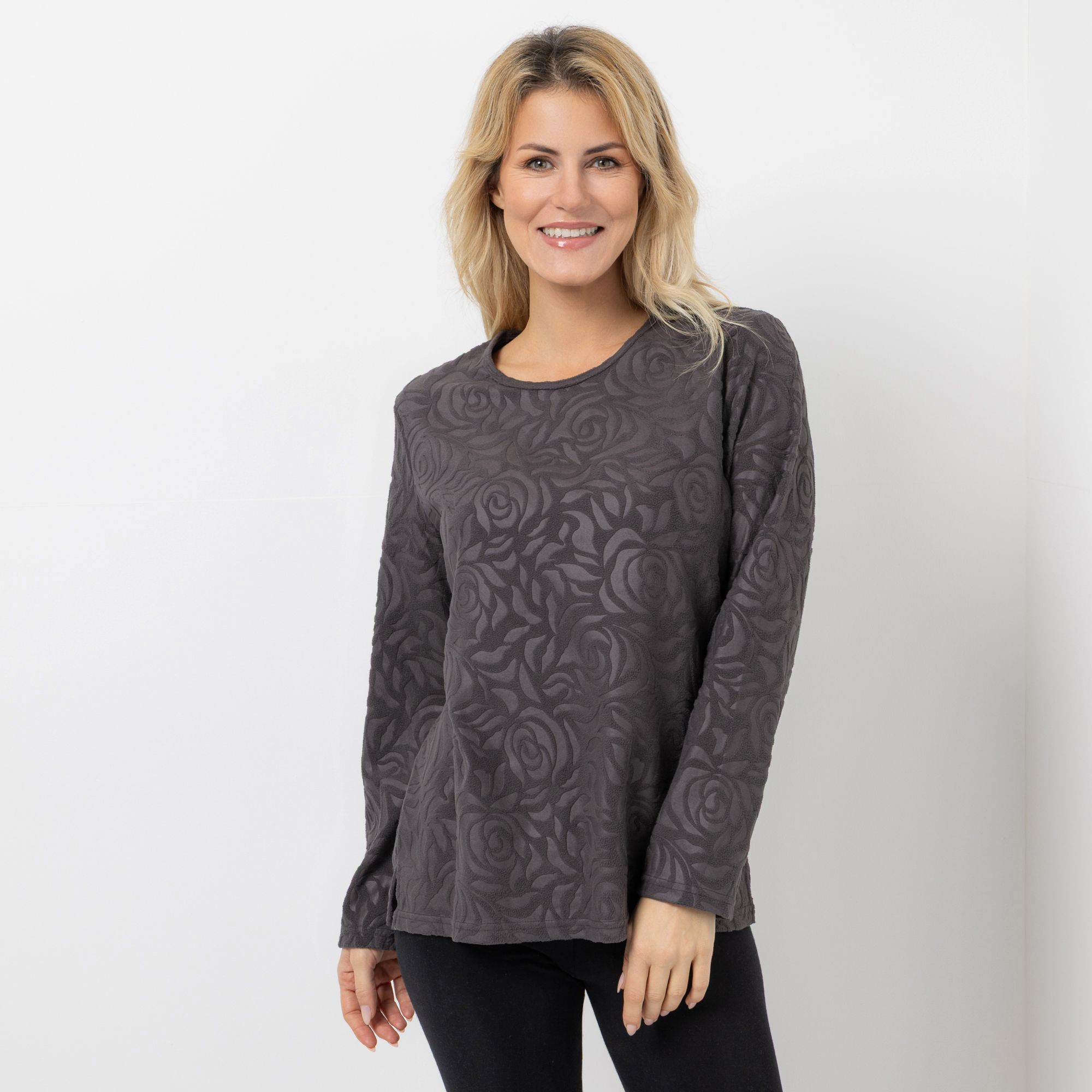 POLARSTERN Shirt, 1/1-Arm Mikrofaser Fleece Rundhalsausschnitt florale Prägung