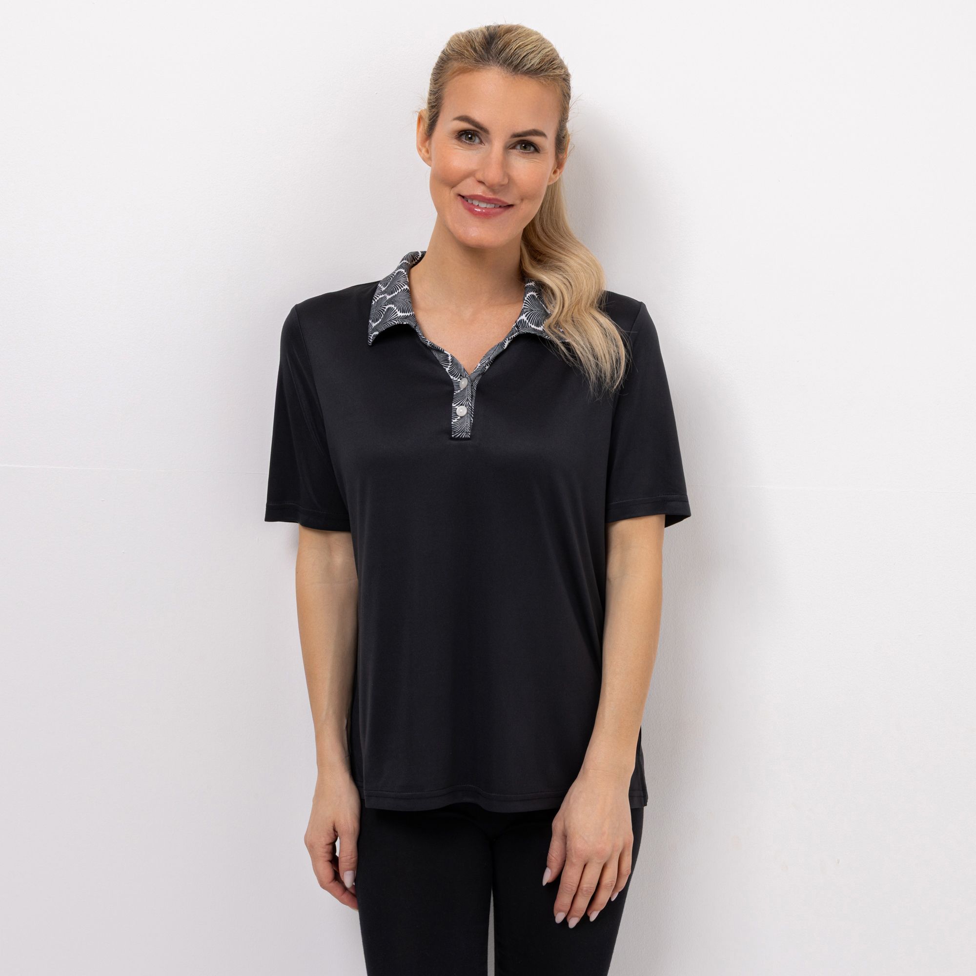 JERYMOOD HOMEWEAR Poloshirt, 1/2-Arm Print am Kragen Seitenschlitzen kurze Knopfleiste