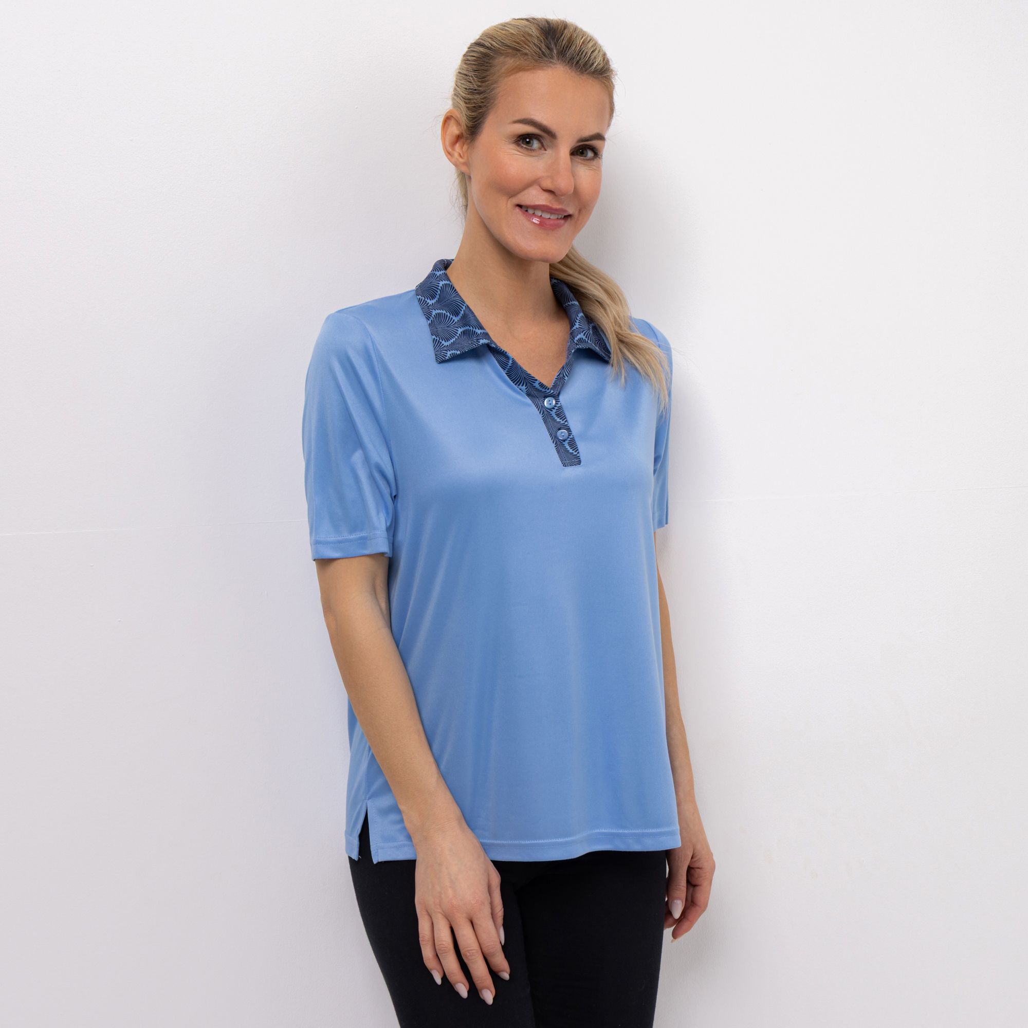 JERYMOOD HOMEWEAR Poloshirt, 1/2-Arm Print am Kragen Seitenschlitzen kurze Knopfleiste