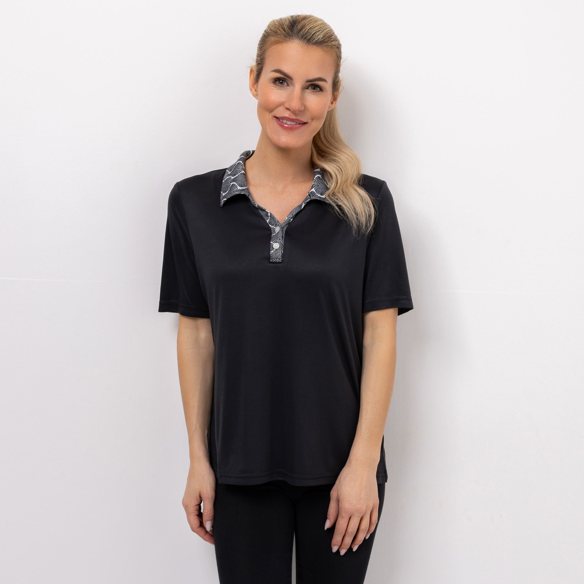 JERYMOOD HOMEWEAR Poloshirt, 1/2-Arm Print am Kragen Seitenschlitzen kurze Knopfleiste