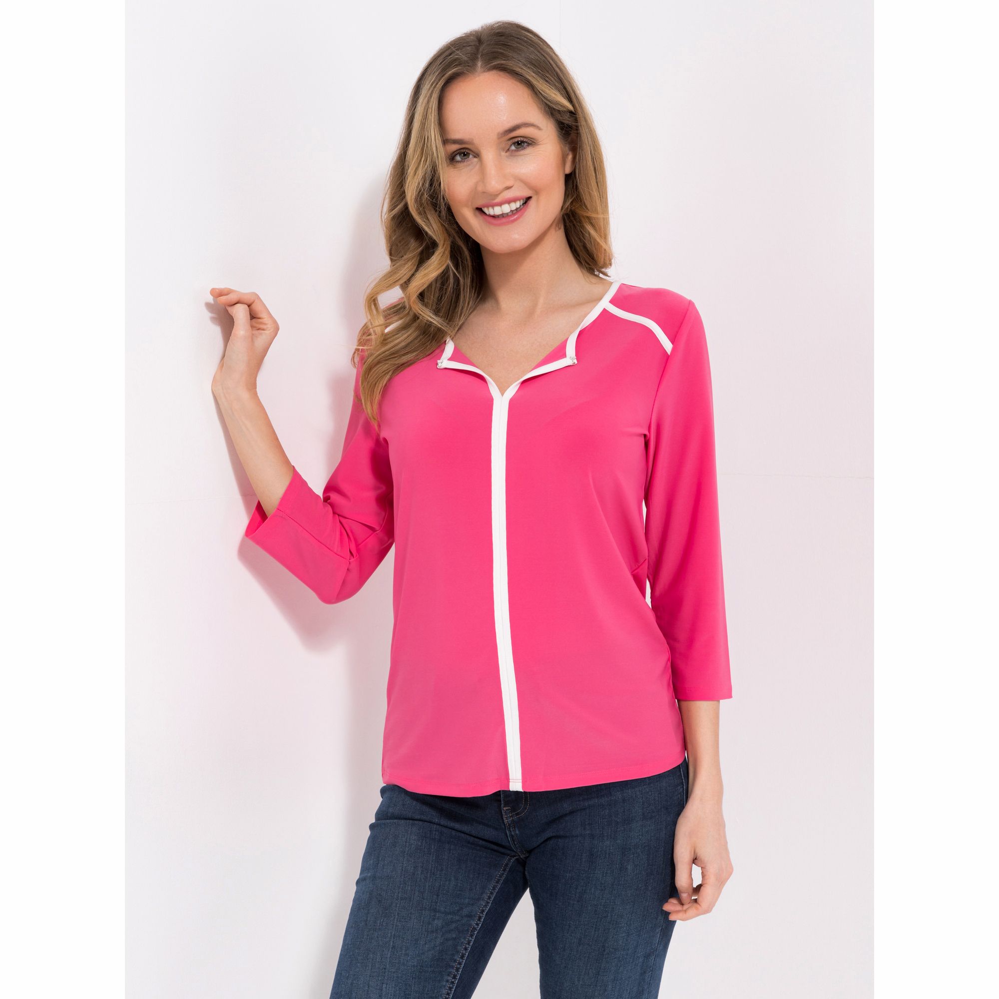 VIA MILANO Shirt, 3/4-Arm Rundhalsausschnitt Kontrastdetails figurumspielend