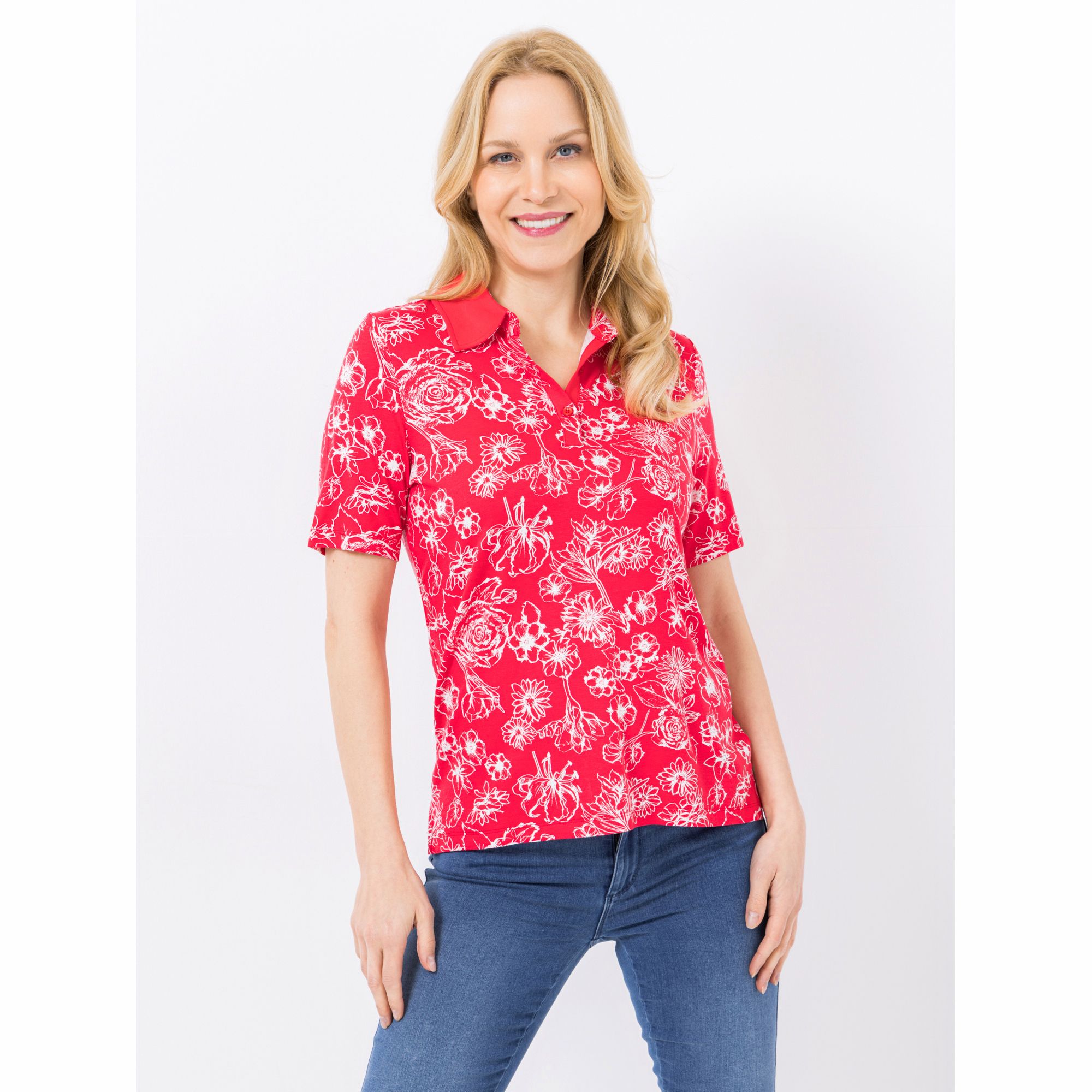 DENIM & CO. Shirt, 1/2-Arm uni Polokragen Seitenschlitze Allover-Druck