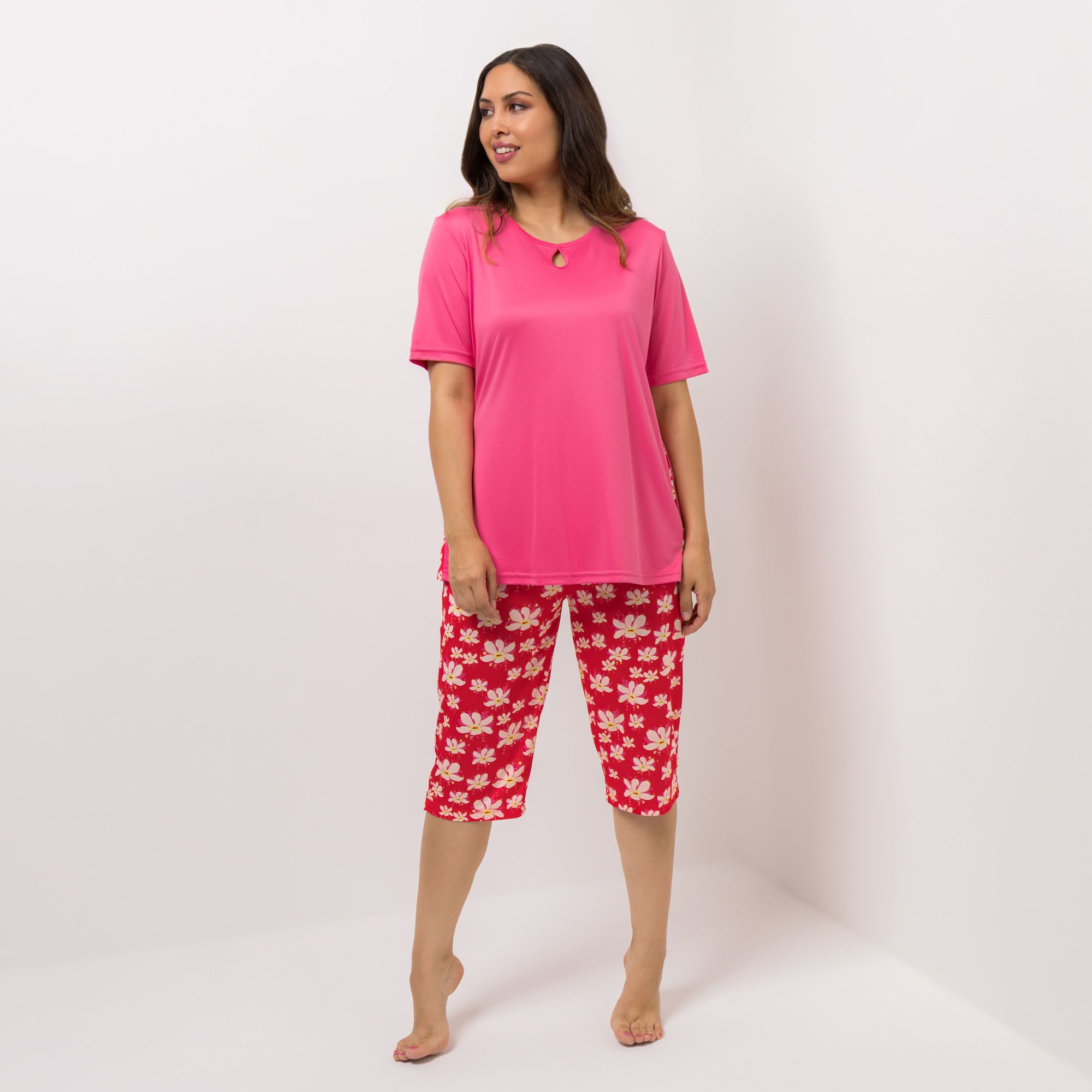 LITTLE ROSE Pyjama-Set Shirt, 1/2-Arm mit Lochdetail bedruckte Capri